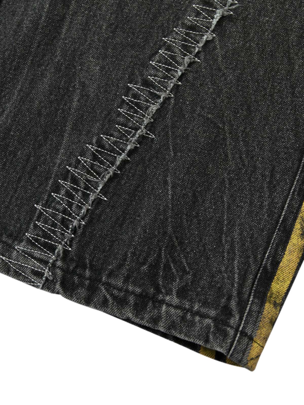 Distressed Striped Side Chain Patchwork Ripped Straight Jeans - 2391