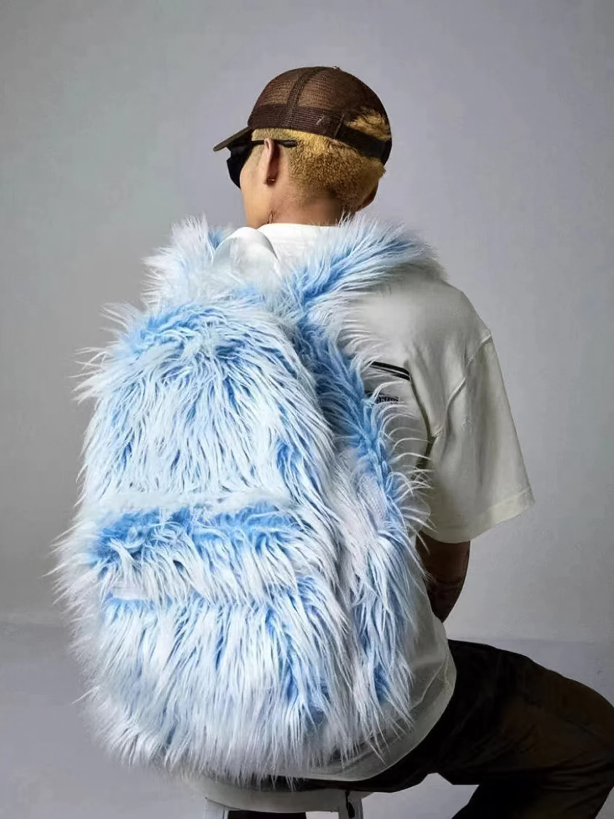 Snow Monster Contrast Ice Blue Furry Backpack