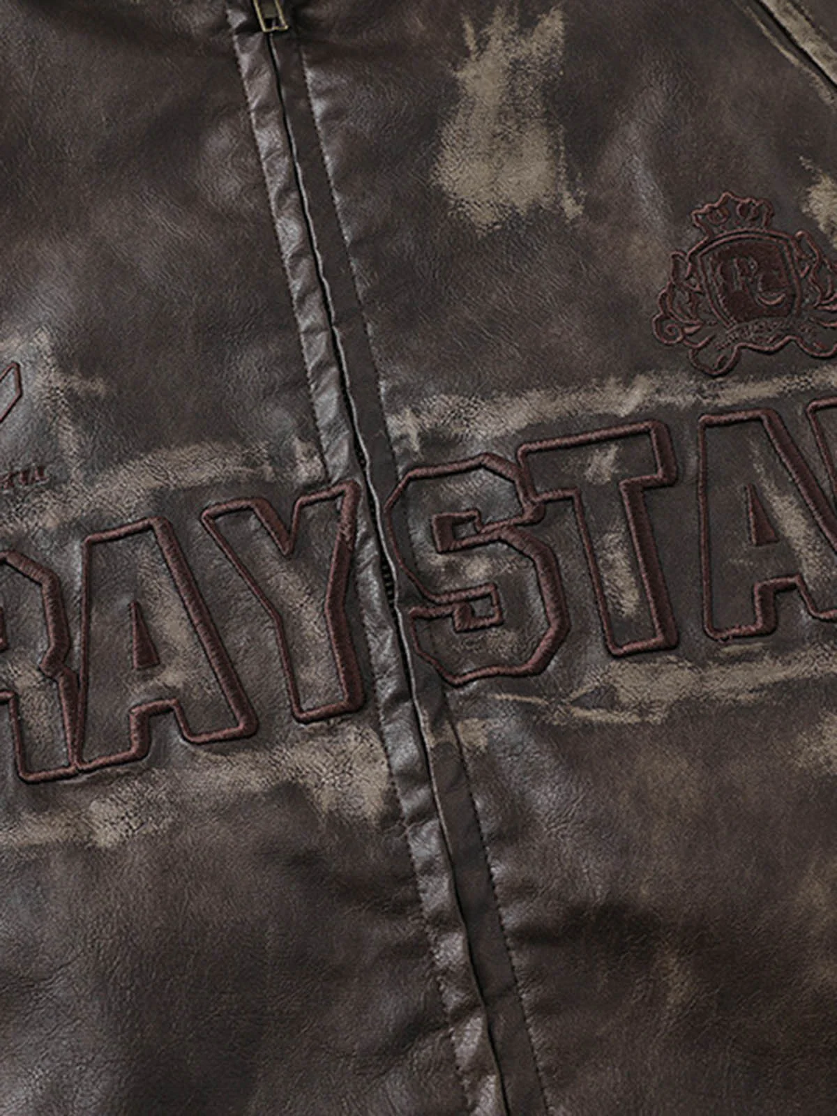 Thesupermade Distressed Letter Embroidery Motorcycle PU Leather Jacket