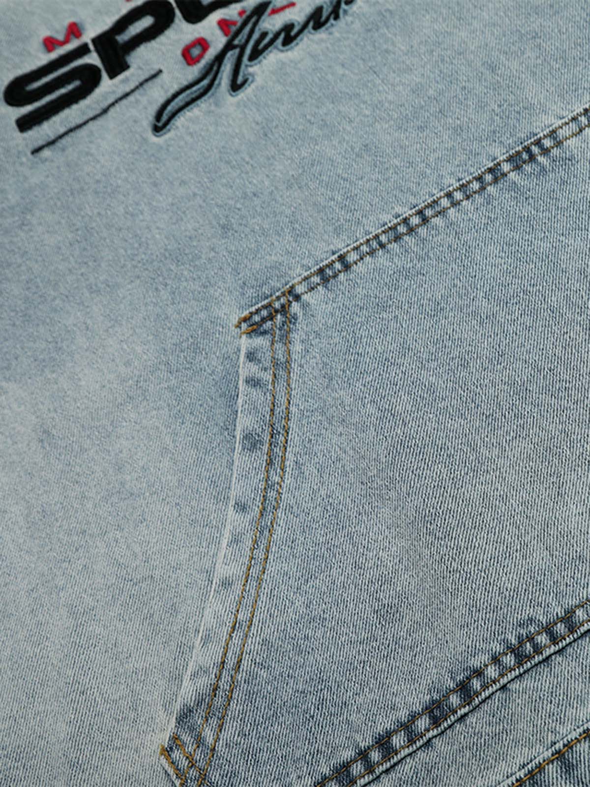 Embroidered Washed Distressed Denim Hoodie