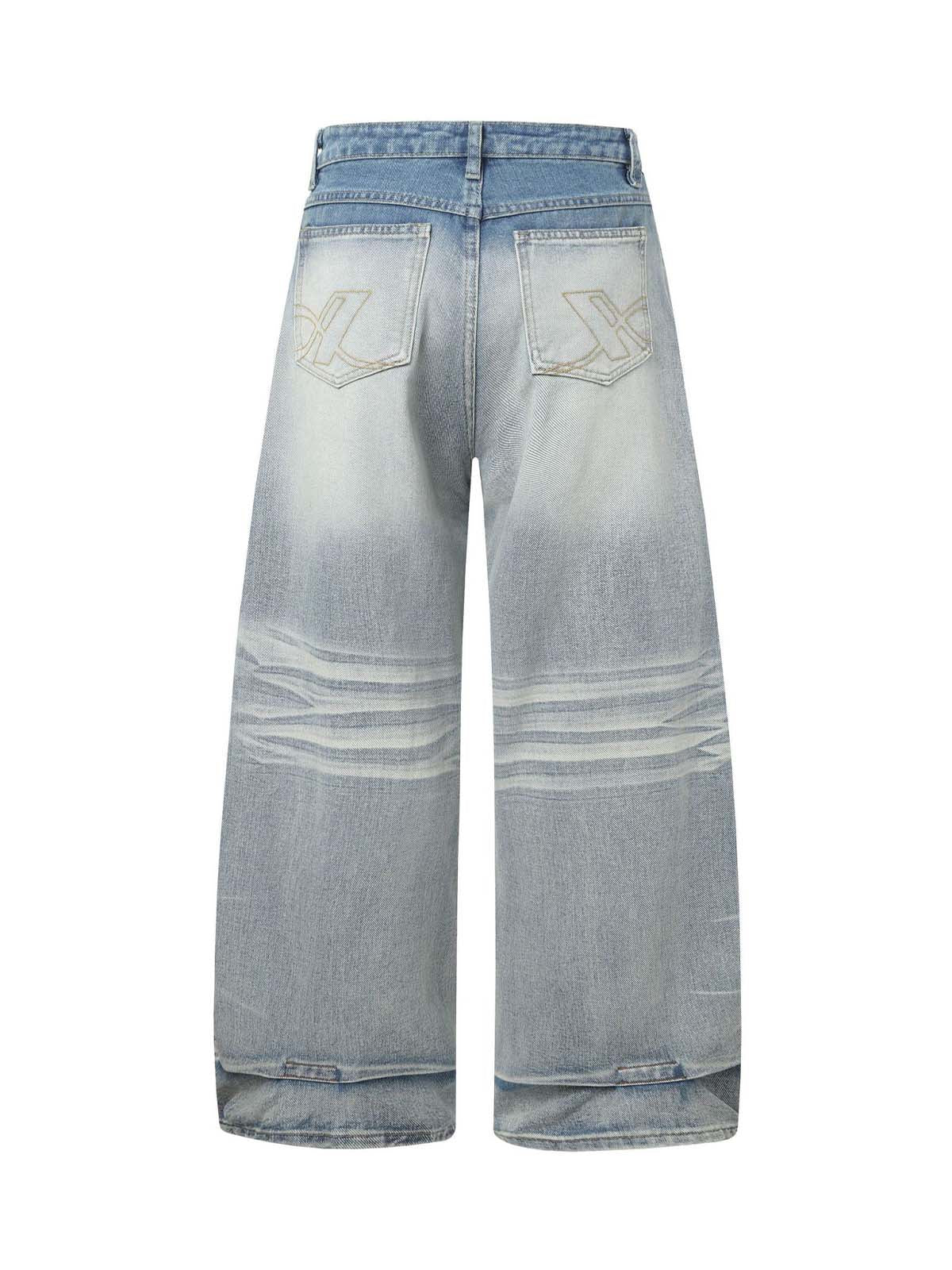 Distressed Washed Whisker Pleated Barrel Jeans