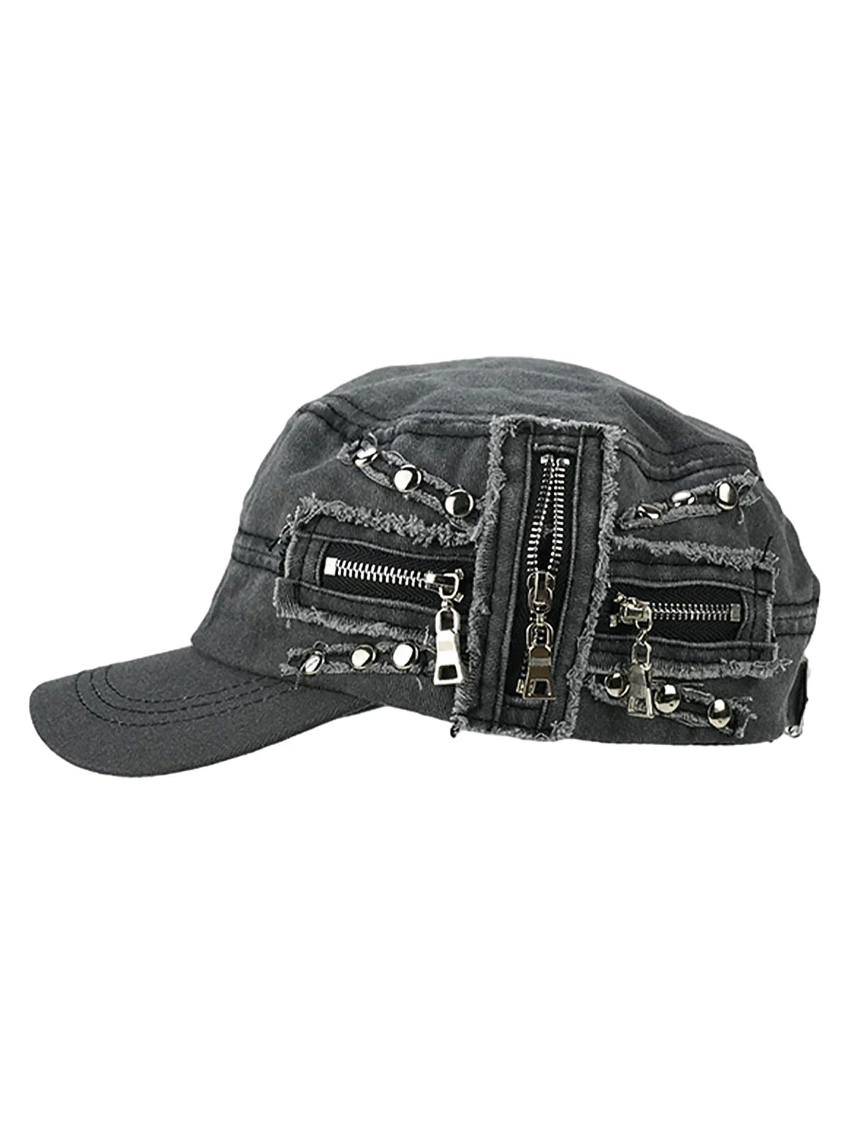 Washed Rivet Zipper Flat Top Cap