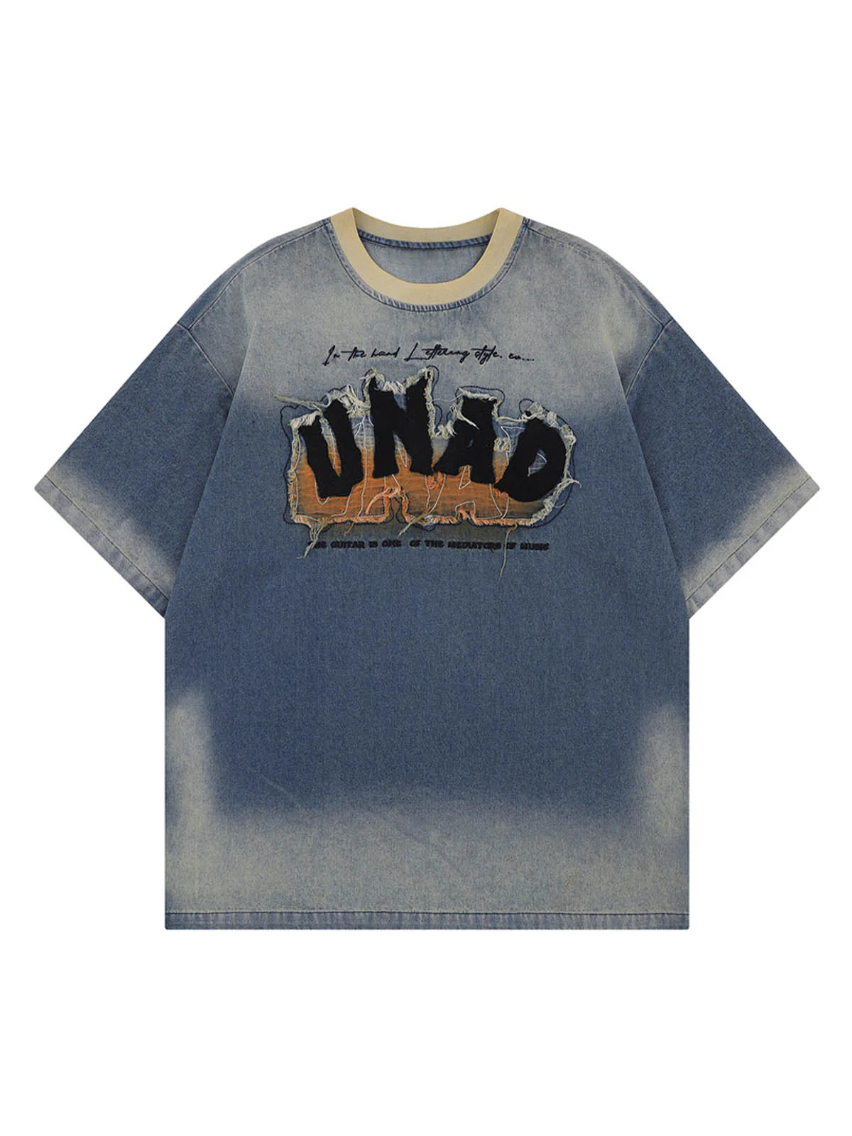 Distressed Washed Patchwork Gradient Denim T-shirt