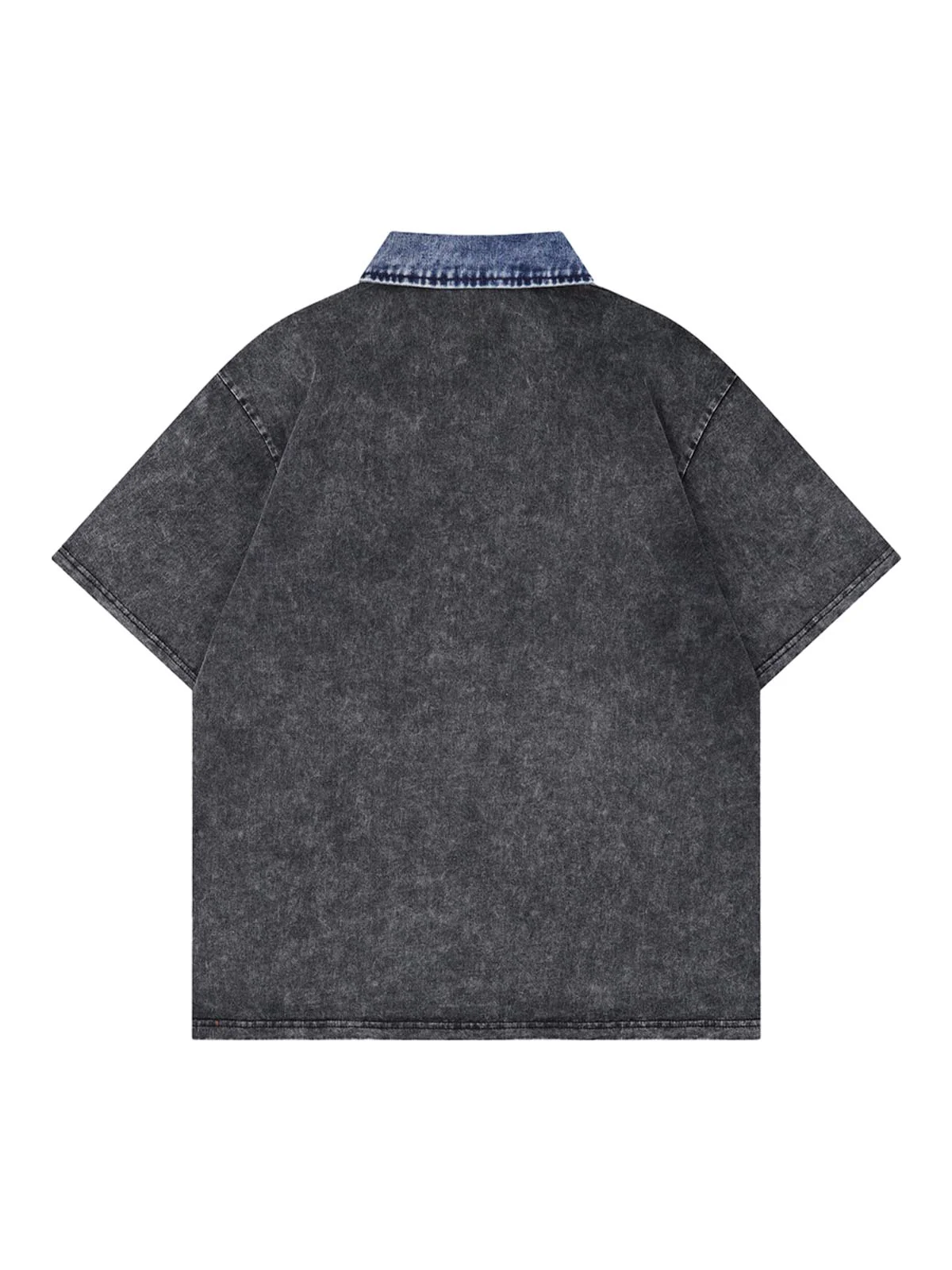 Distressed Embroidered Denim Collar Polo Shirt