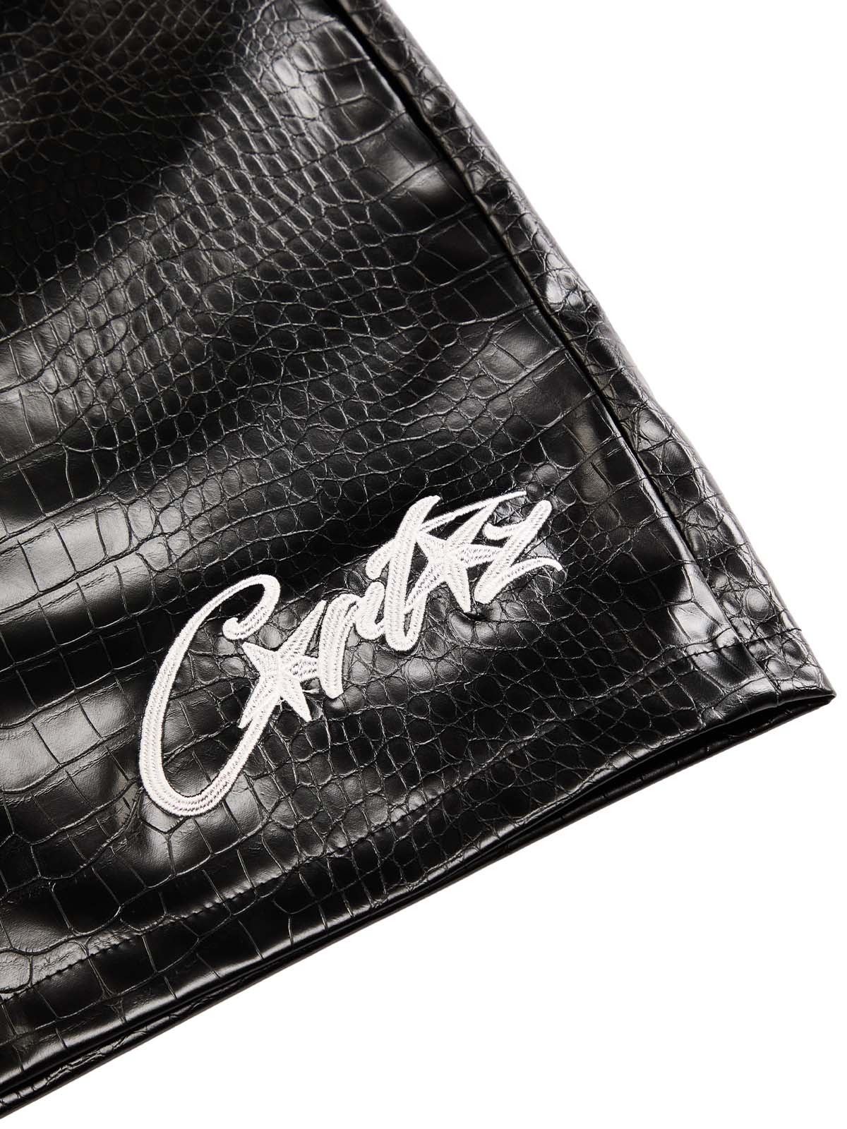 Letter Embroidered Leather Shorts