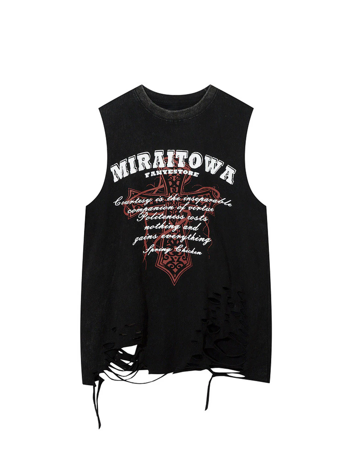 Distressed Ripped Graphic Cross Print Vest