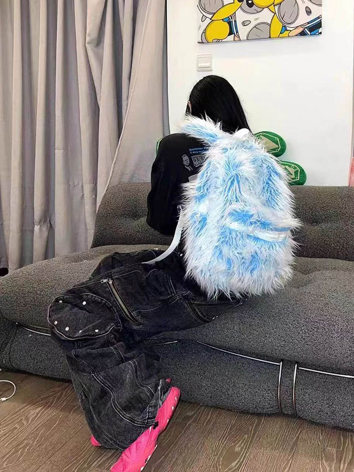 Snow Monster Contrast Ice Blue Furry Backpack