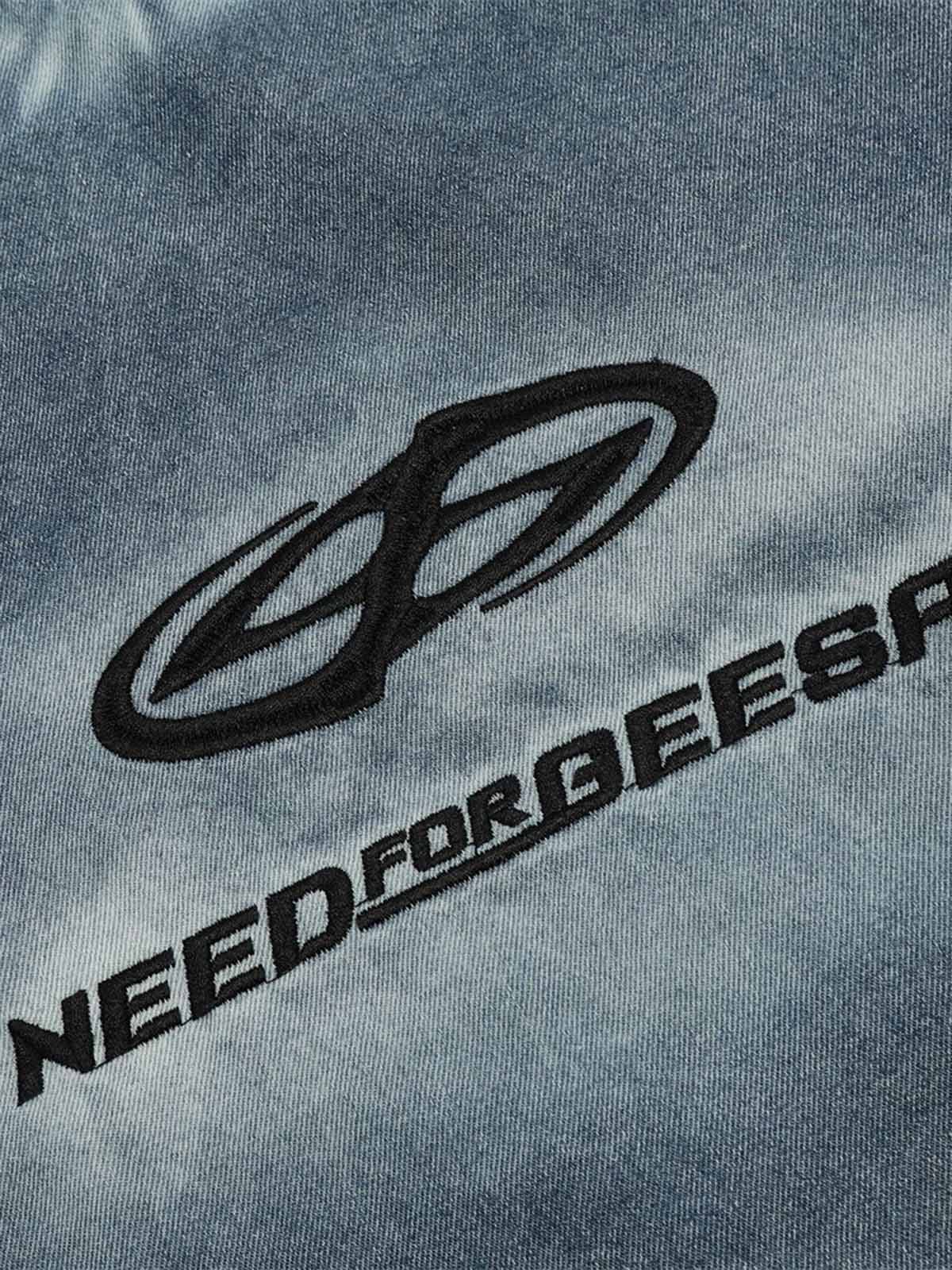 Retro Letter Embroidery Contrast Denim T-shirt