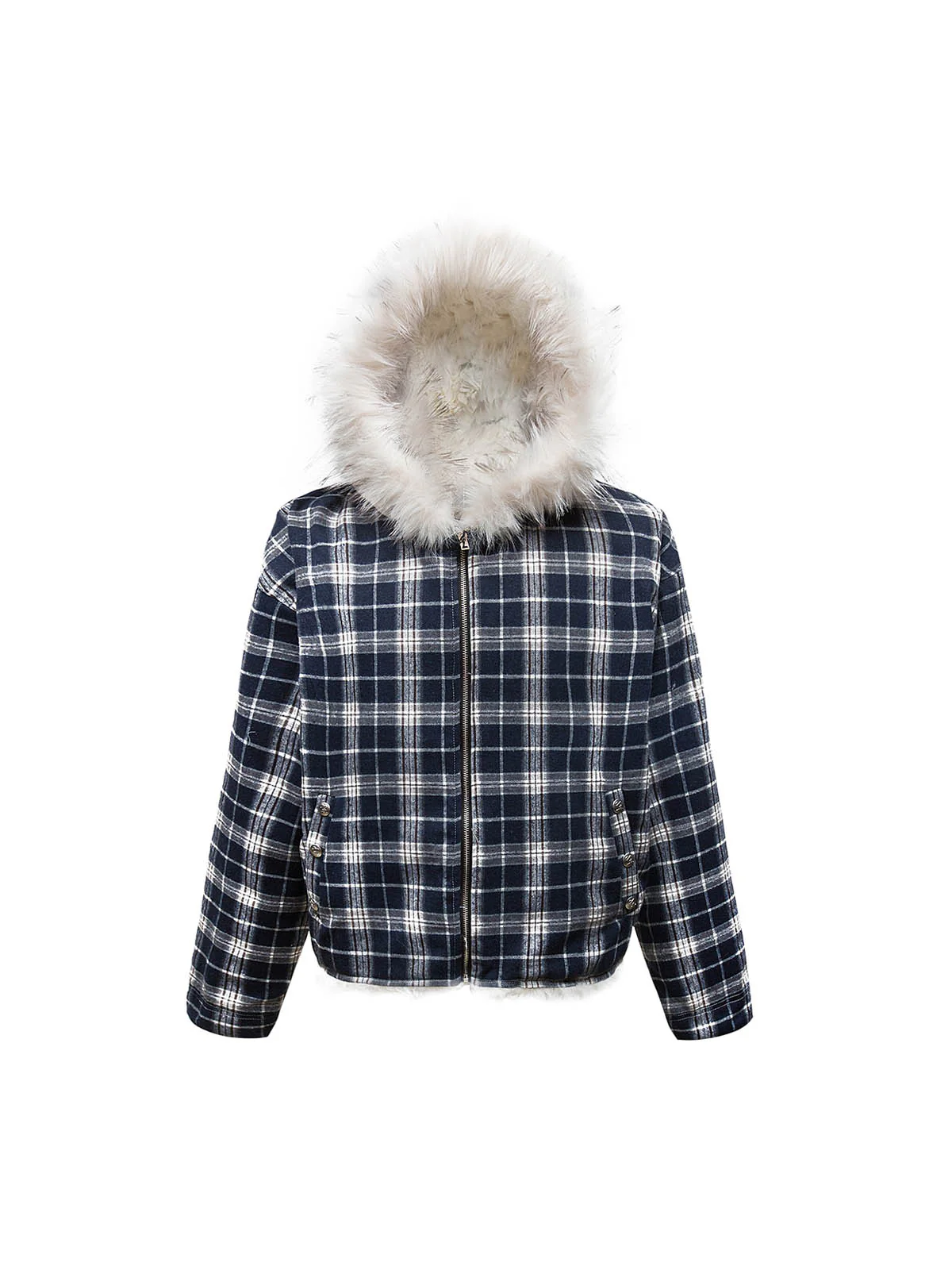Plaid Sherpa Lined Fur Hooded Jacket
