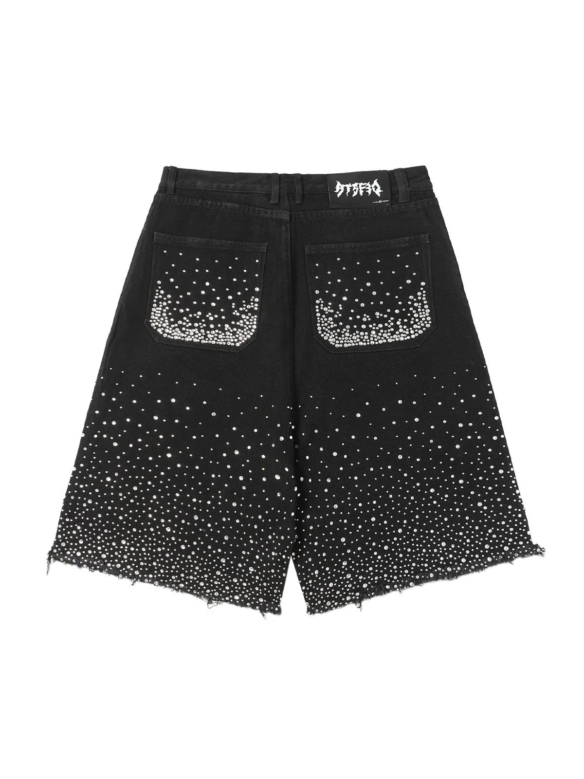 Retro Washed Rhinestone Raw Edge Denim Shorts