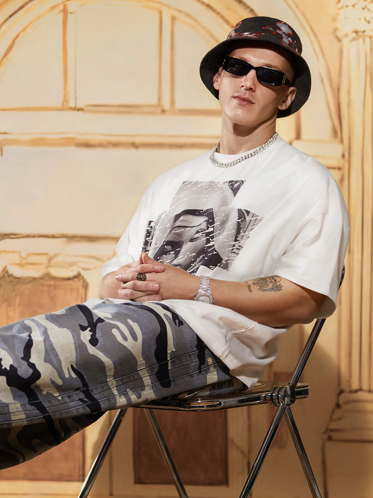 Cross And Portrait Denim Bucket Hat