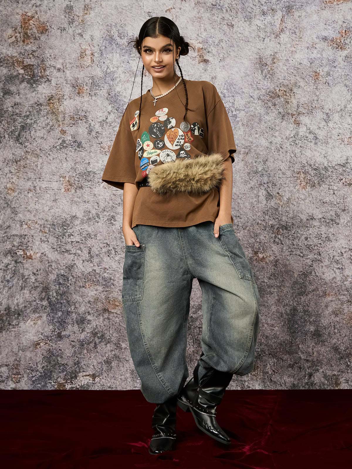 Washed Distressed Split Drawstring Barrel Jeans