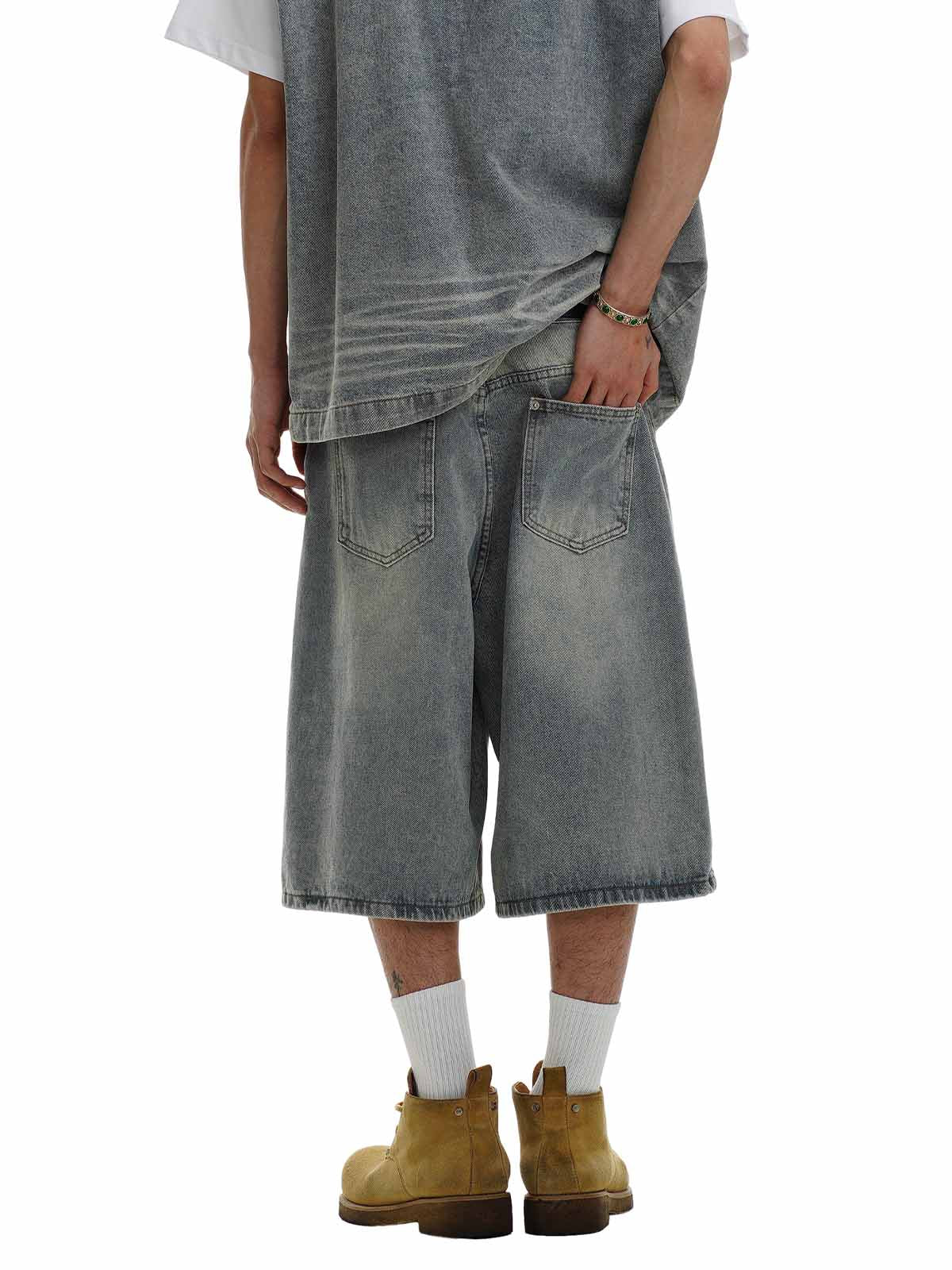 Distressed Washed Pleated Vest Jorts Denim Suit