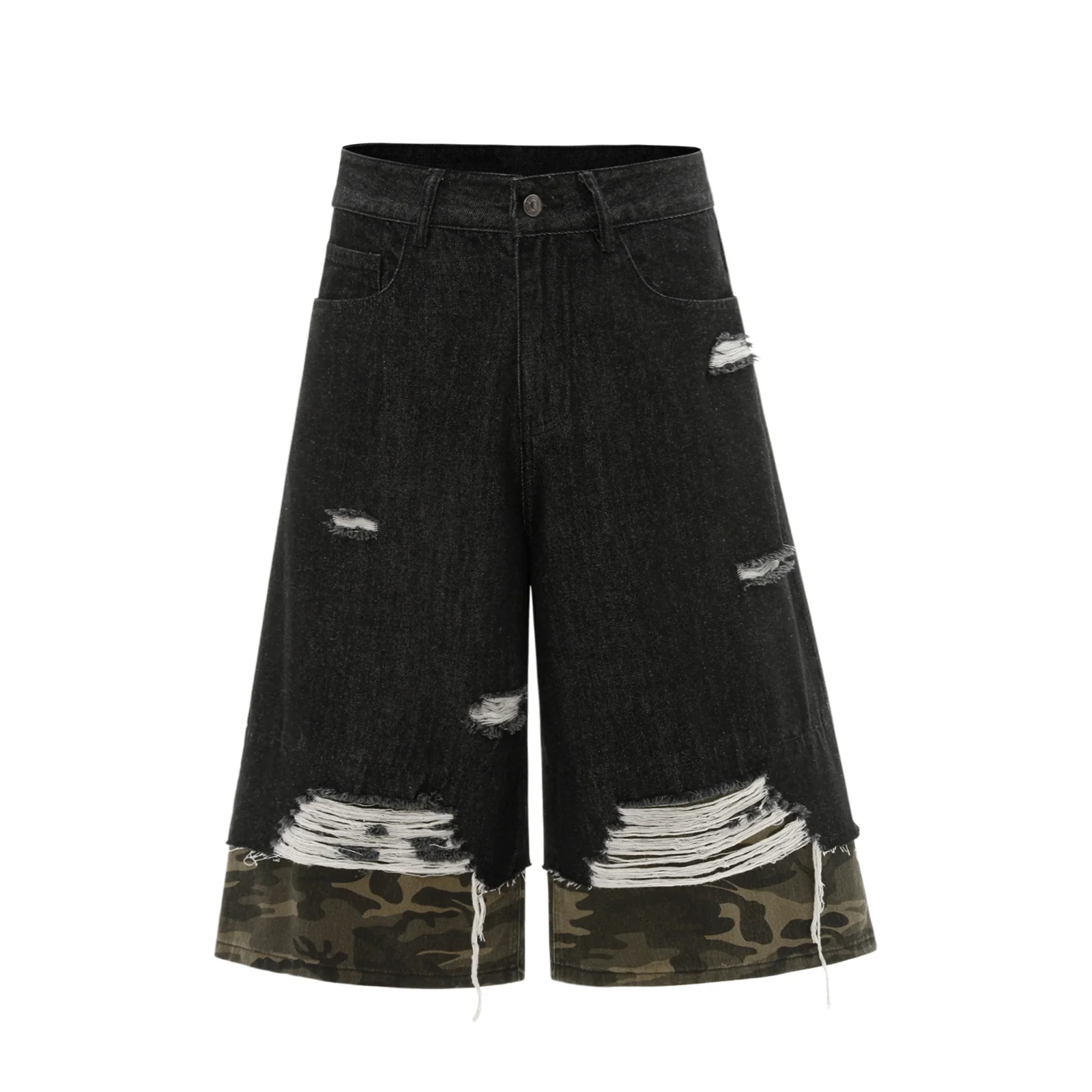 Patchwork Camouflage Ripped Denim Jorts
