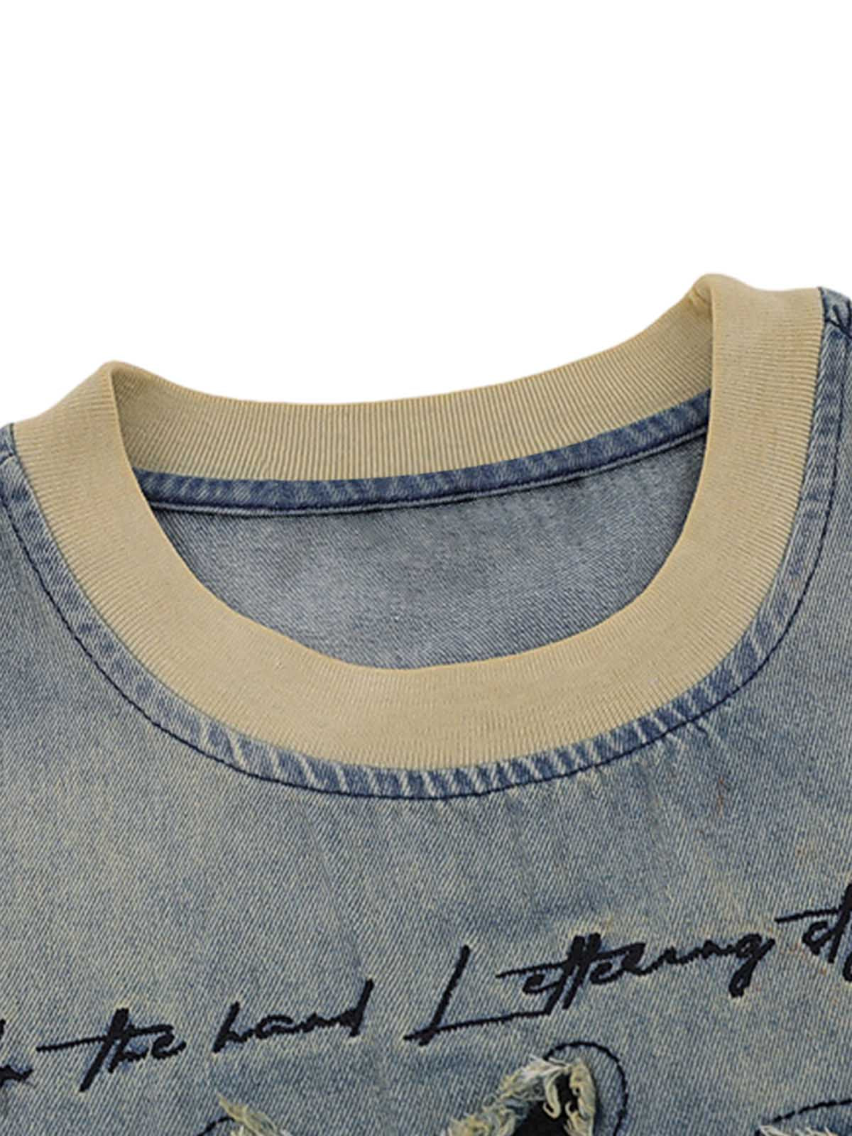 Distressed Washed Patchwork Gradient Denim T-shirt