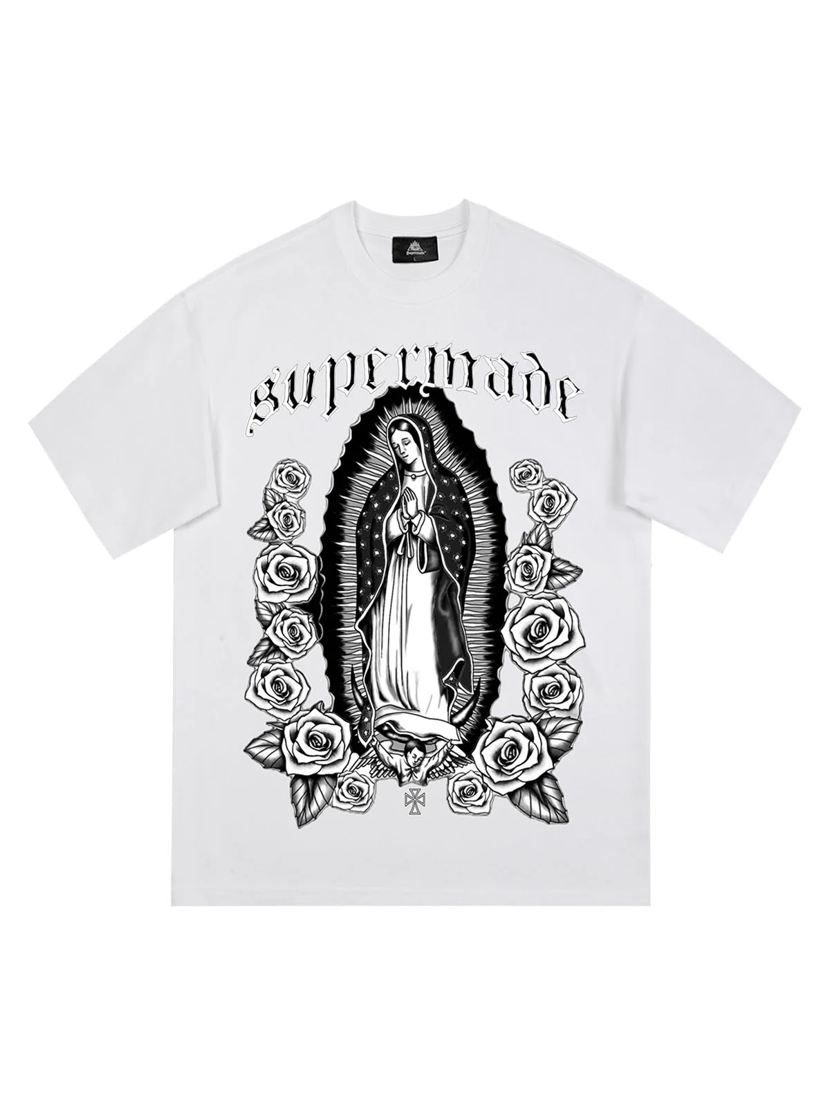 Original Retro Gothic Virgin Mary Floral Print T-Shirt