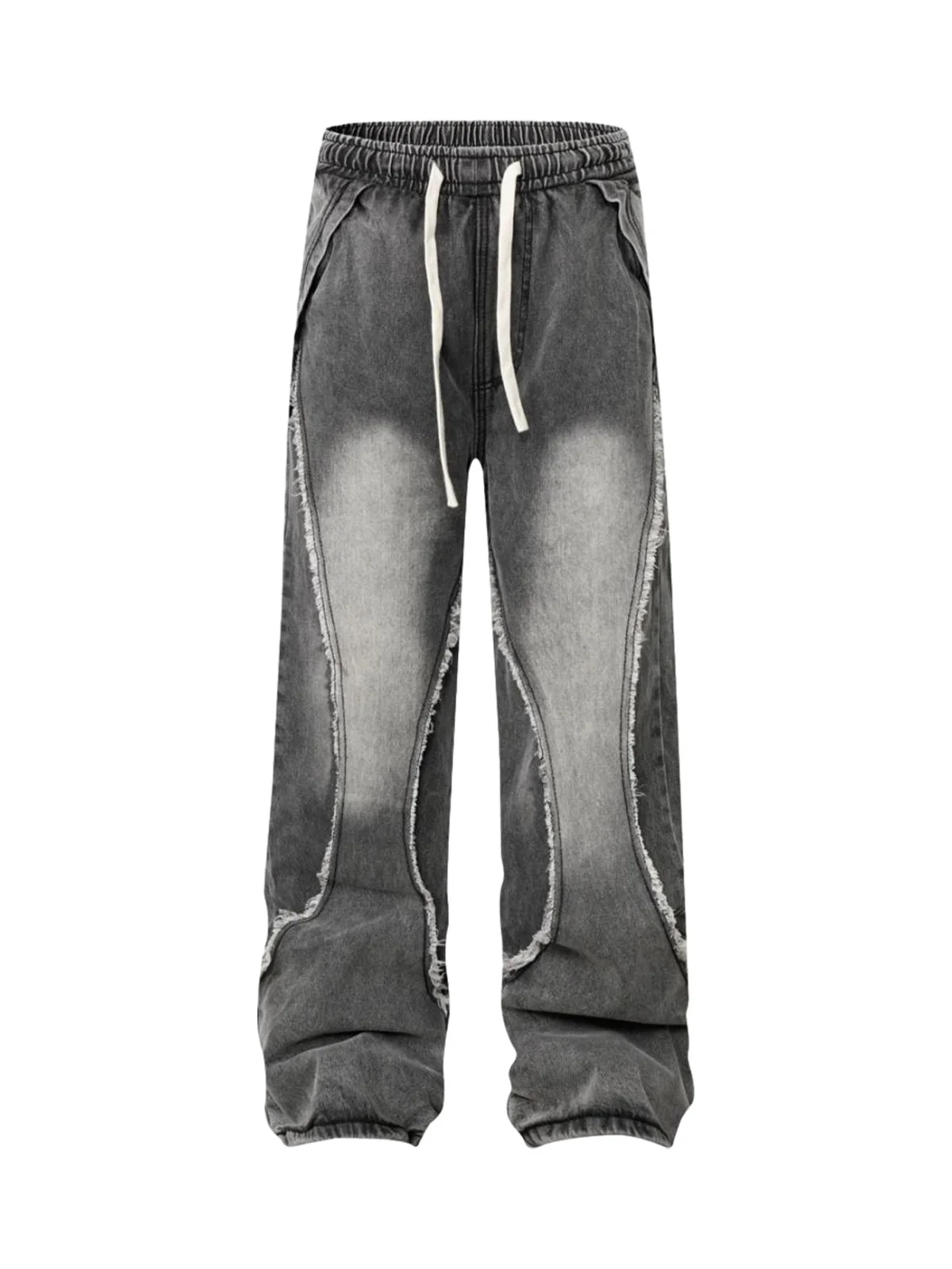 Washed Distressed Raw Edge Drawstring Jeans
