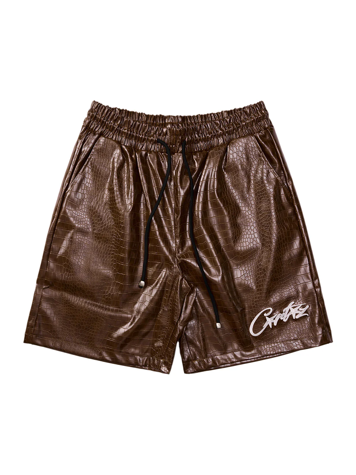 Letter Embroidered Leather Shorts