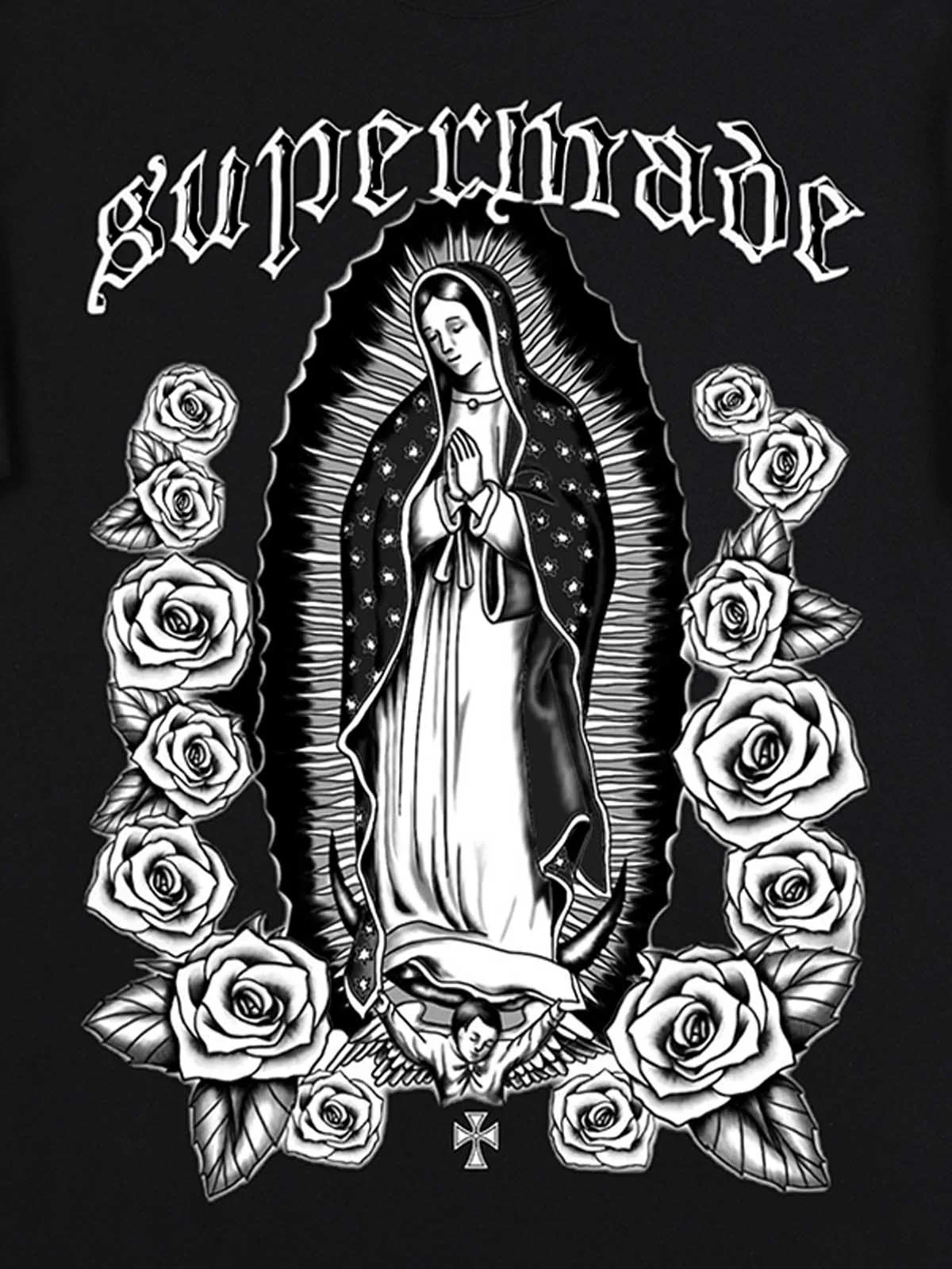 Original Retro Gothic Virgin Mary Floral Print T-Shirt