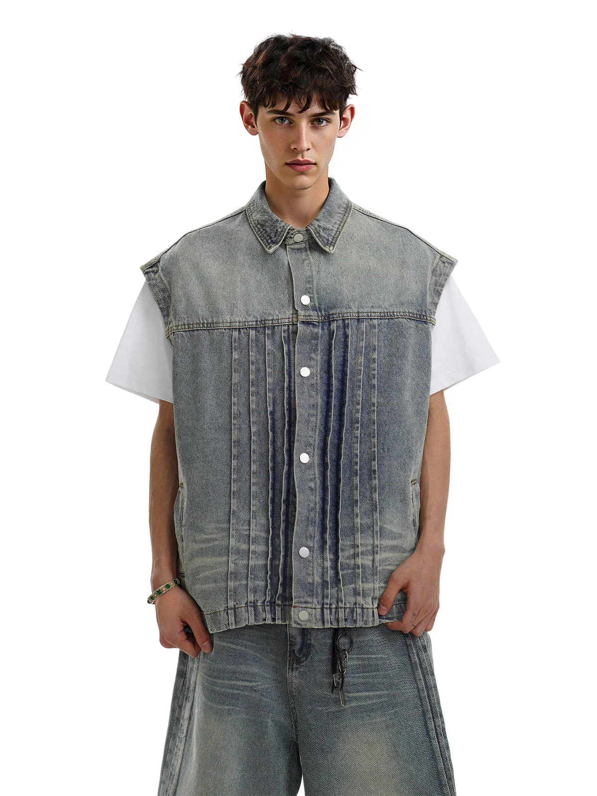 Distressed Washed Pleated Vest Jorts Denim Suit