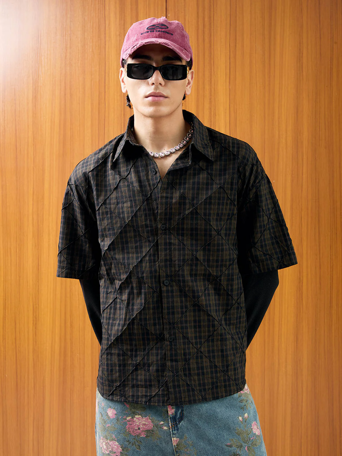 Heavy Plaid Pleated Striped Faux Two-Piece Polo Shirt