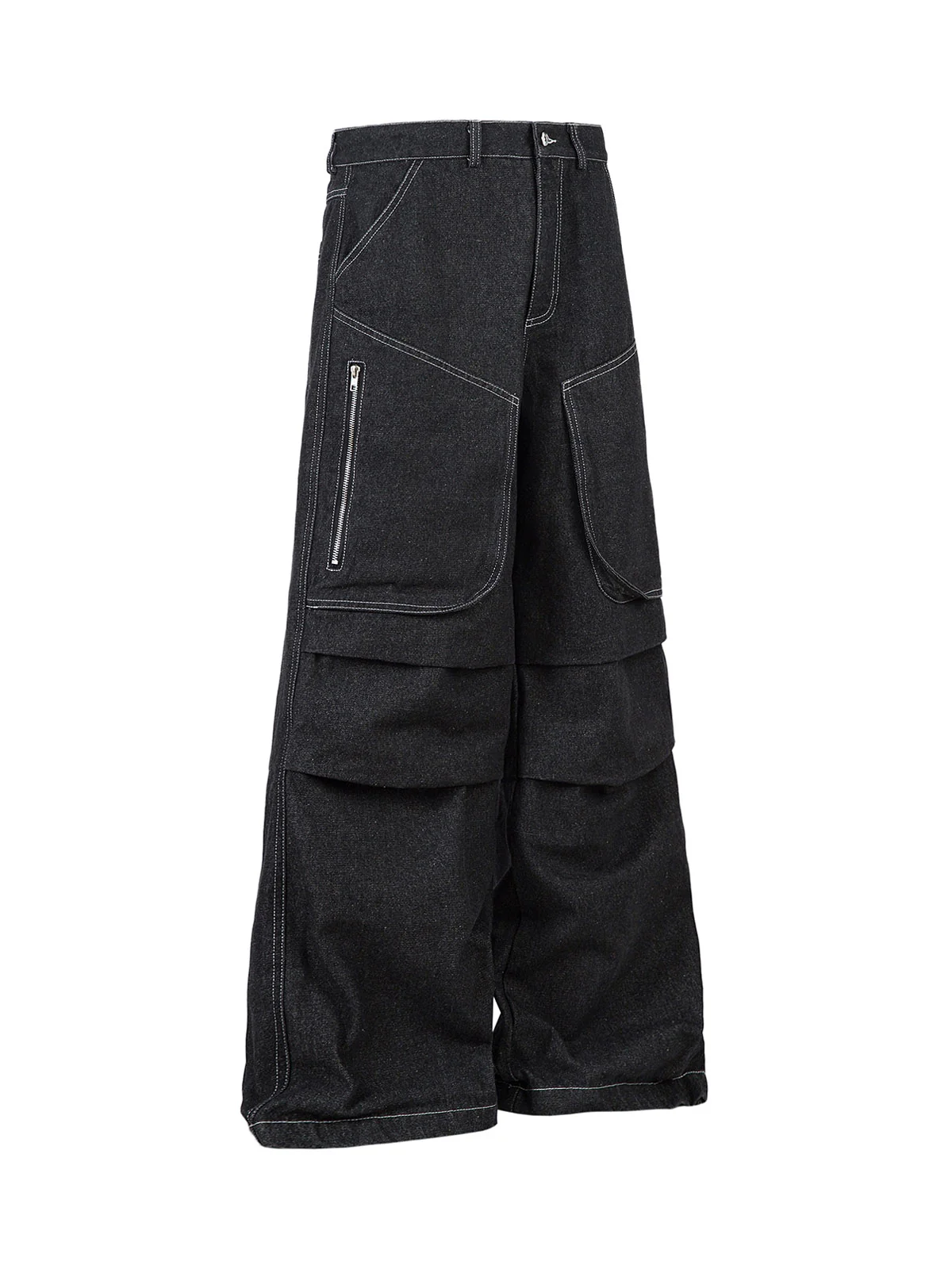 Deconstructed Split Topstitched Pleated Pocket Jeans