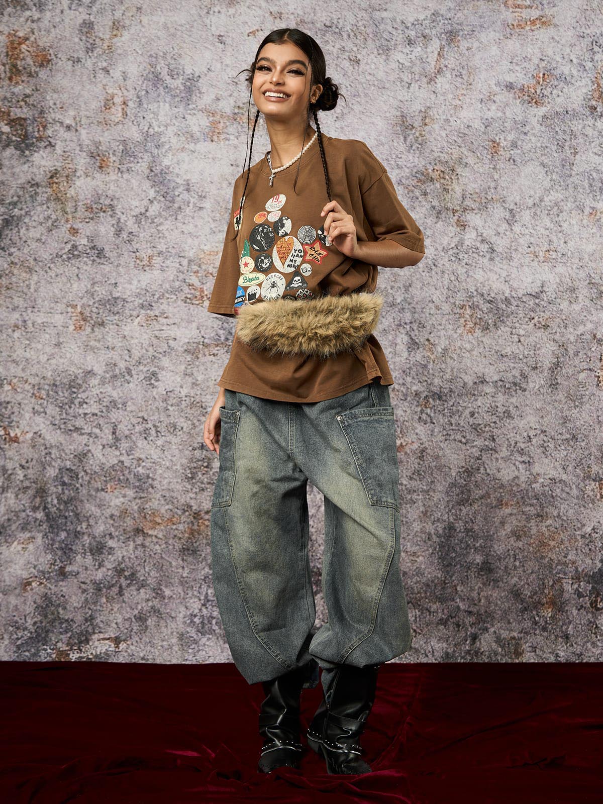 Washed Distressed Split Drawstring Barrel Jeans