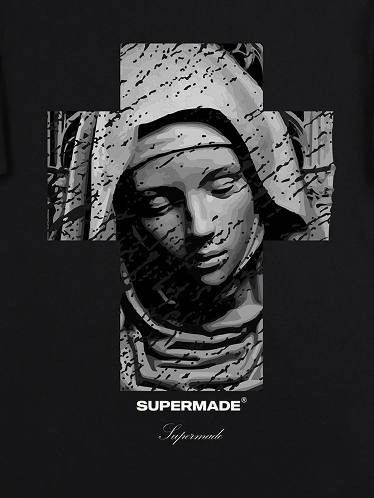 Original Retro Virgin Mary Mottled Cross Print T-Shirt