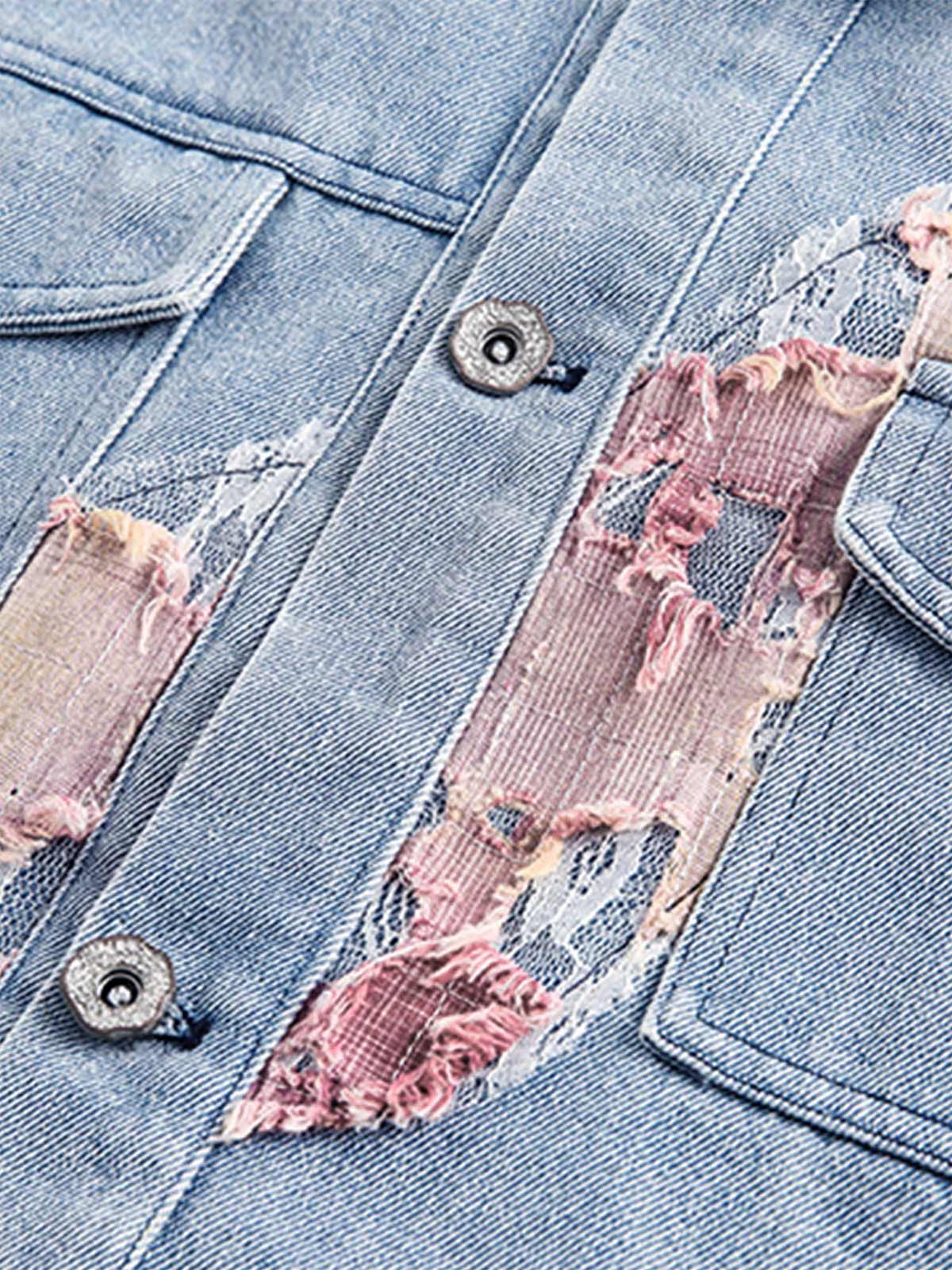 Thesupermade American Street Style Lace Patchwork Denim Jacket