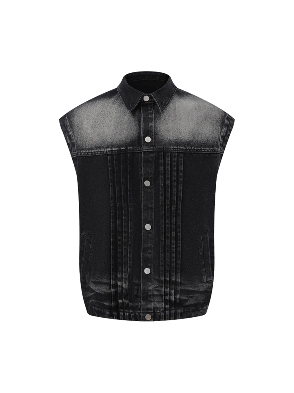 Distressed Washed Pleated Vest Jorts Denim Suit