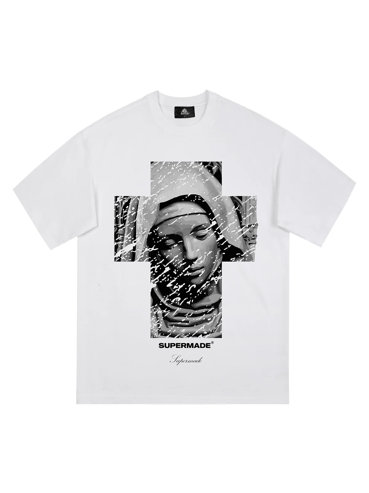 Original Retro Virgin Mary Mottled Cross Print T-Shirt