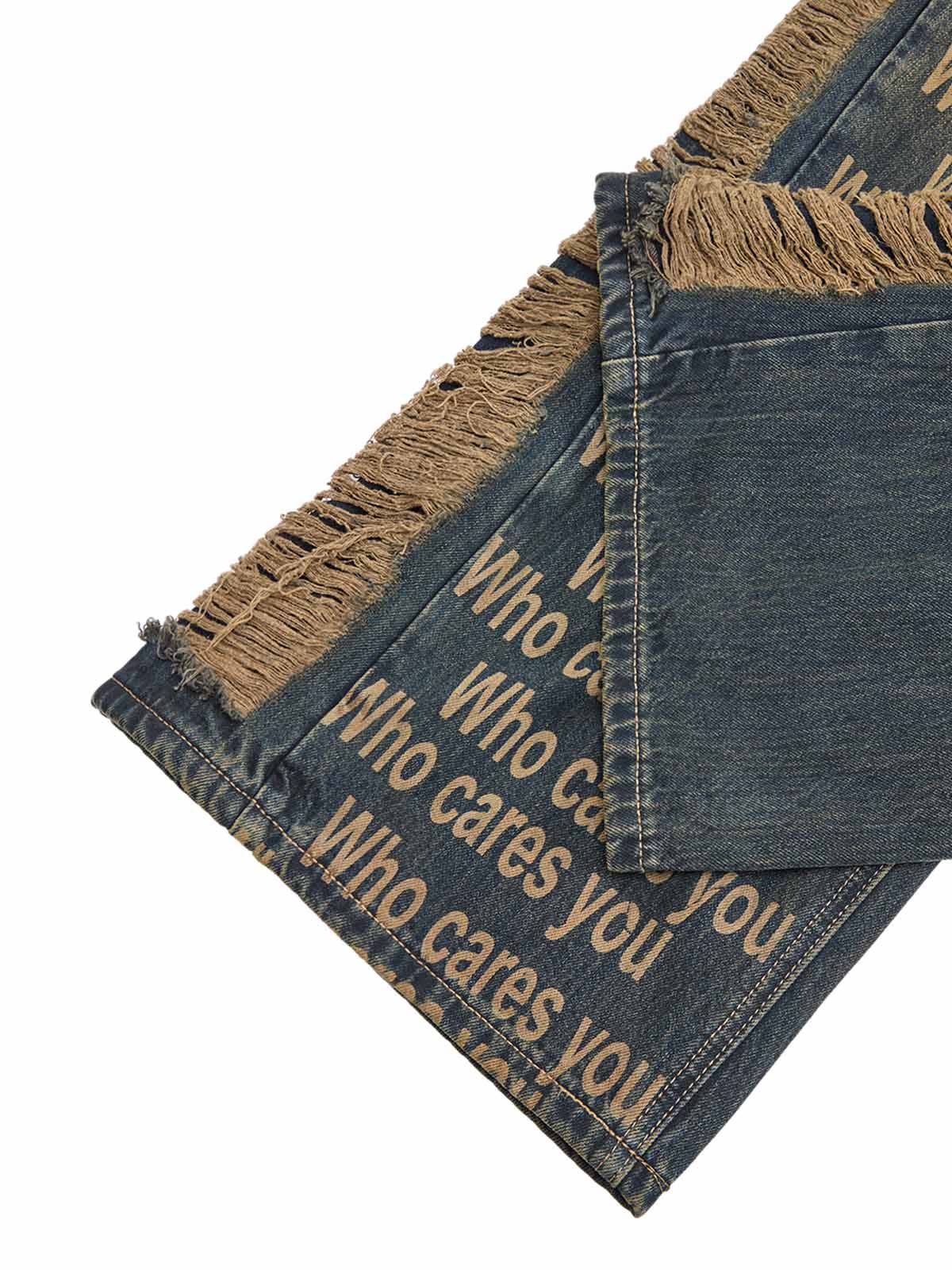 Washed Distressed 'Who Cares You' Print Straight Jeans - 2367