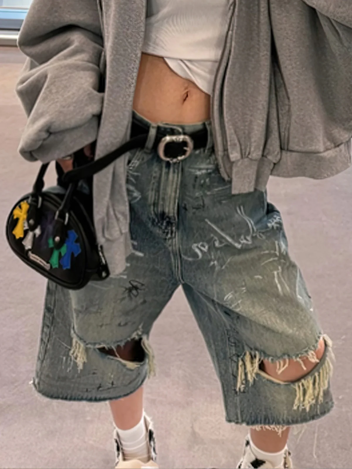 Ripped Hand-Painted Graffiti Ripped Jorts