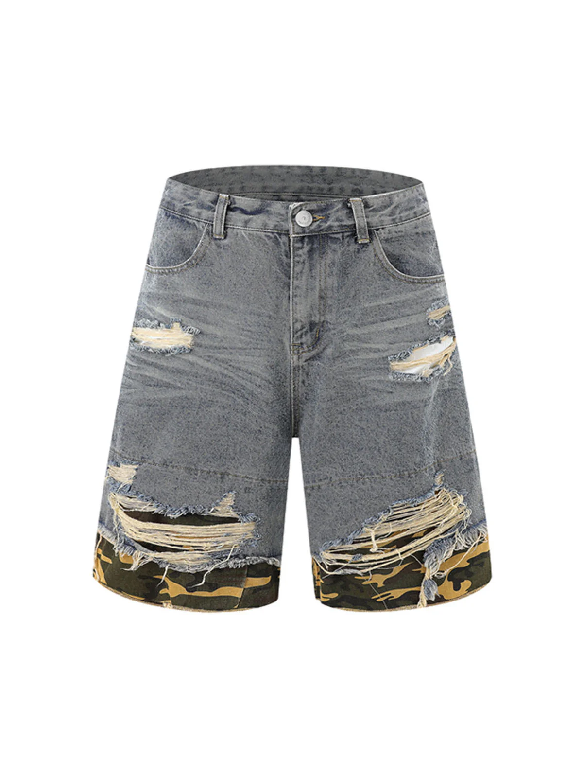 Thesupermade Patchwork Camouflage Ripped Shirt Jorts Denim Suit