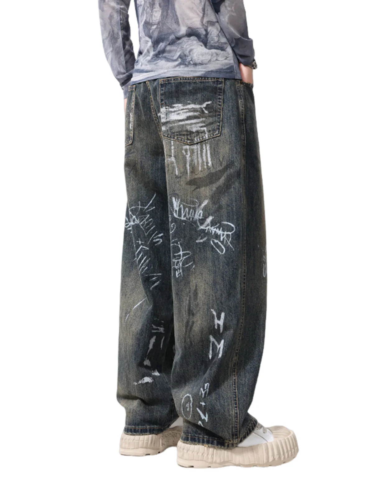 Print Hand-Painted Graffiti Drawstring Baggy Jeans