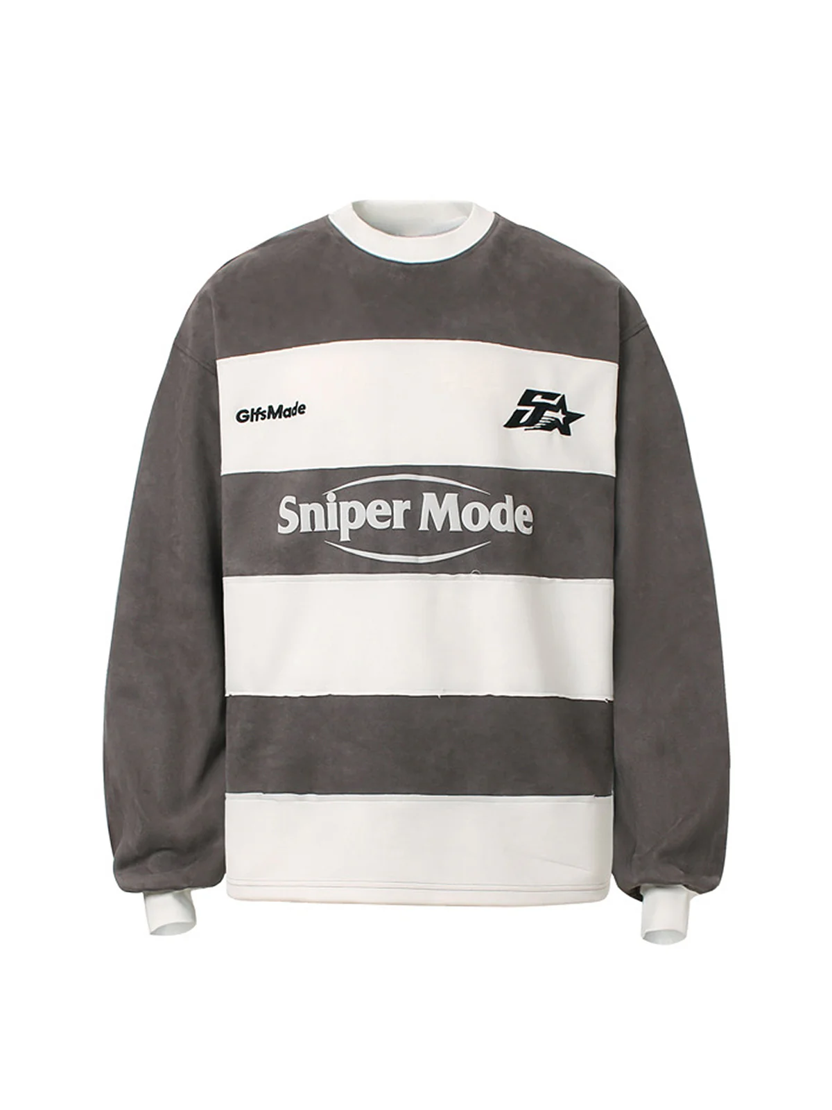 Suede Contrast Stripe Embroidered Long SleeveT-shirt