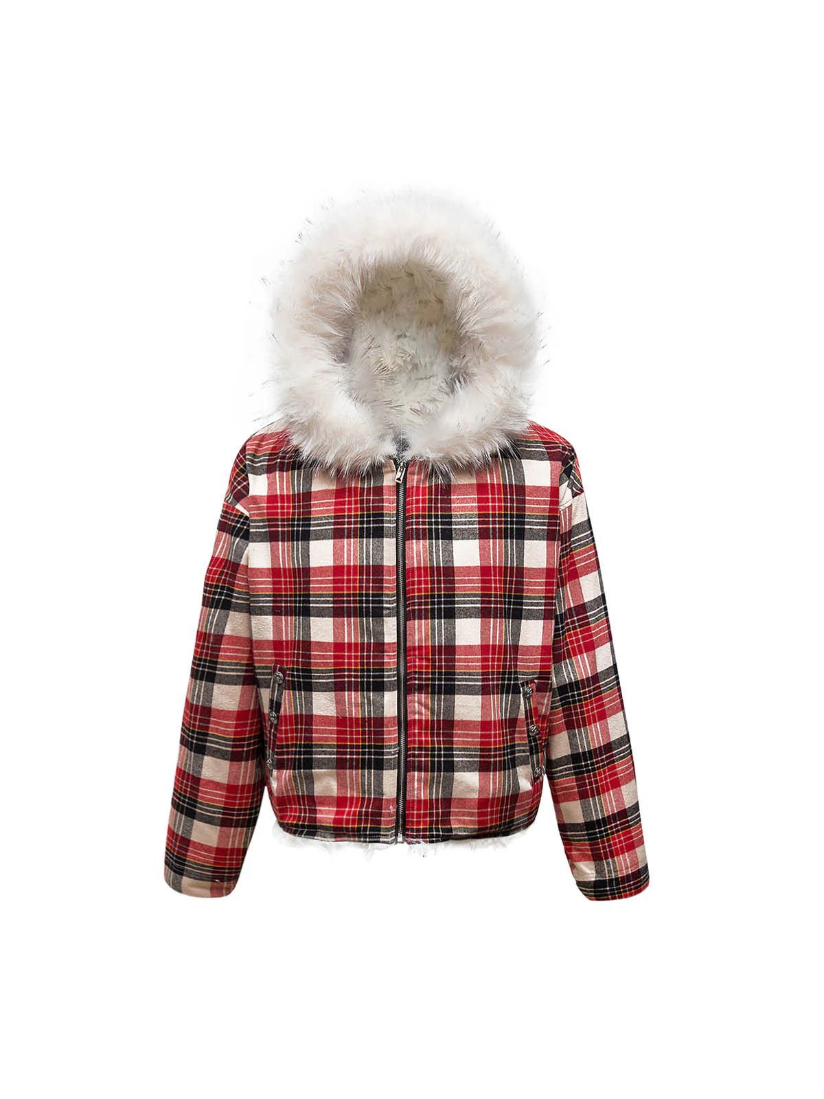 Plaid Sherpa Lined Fur Hooded Jacket