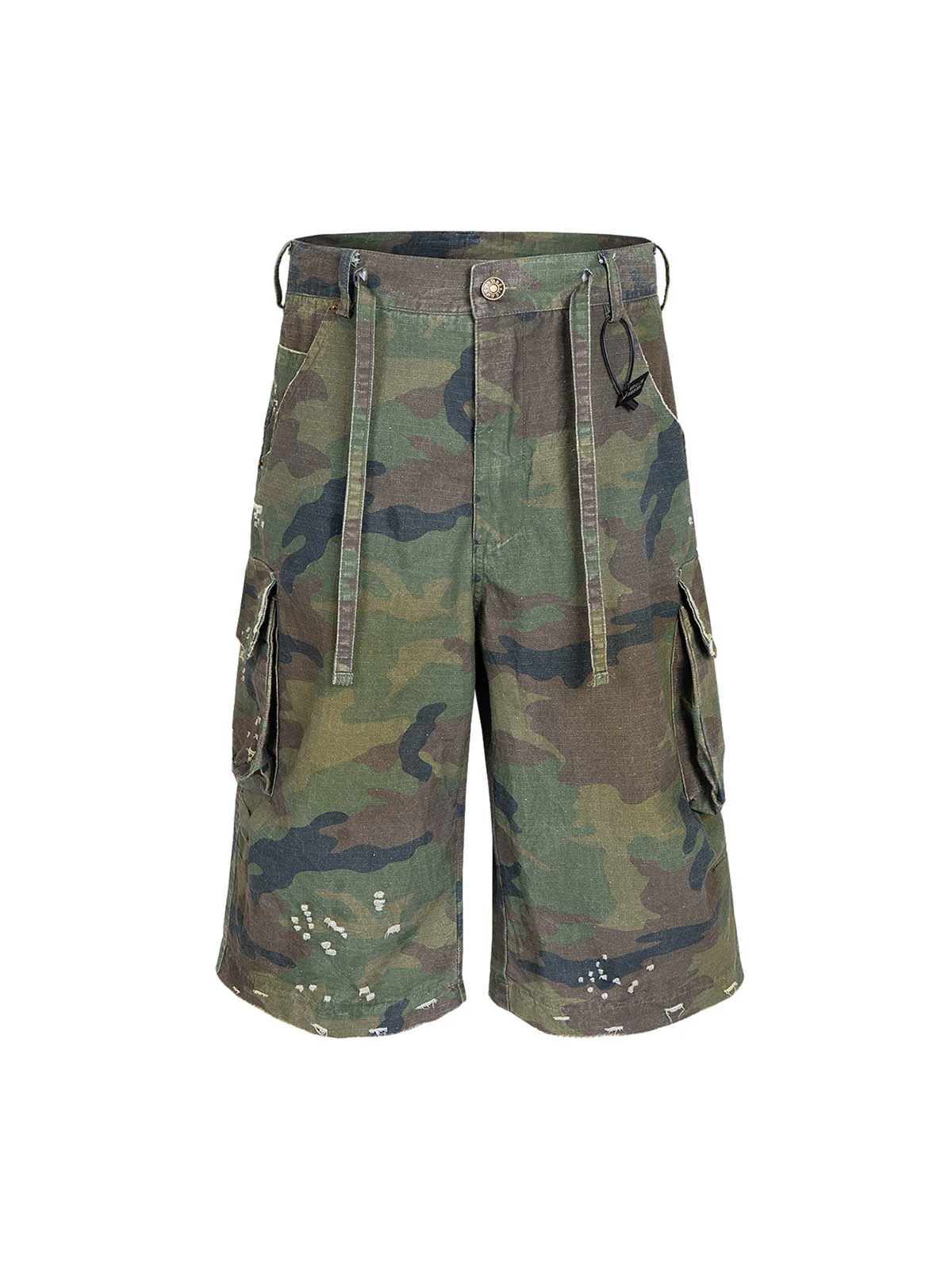 Washed Destroyed Camouflage Drawstring Cargo Shorts