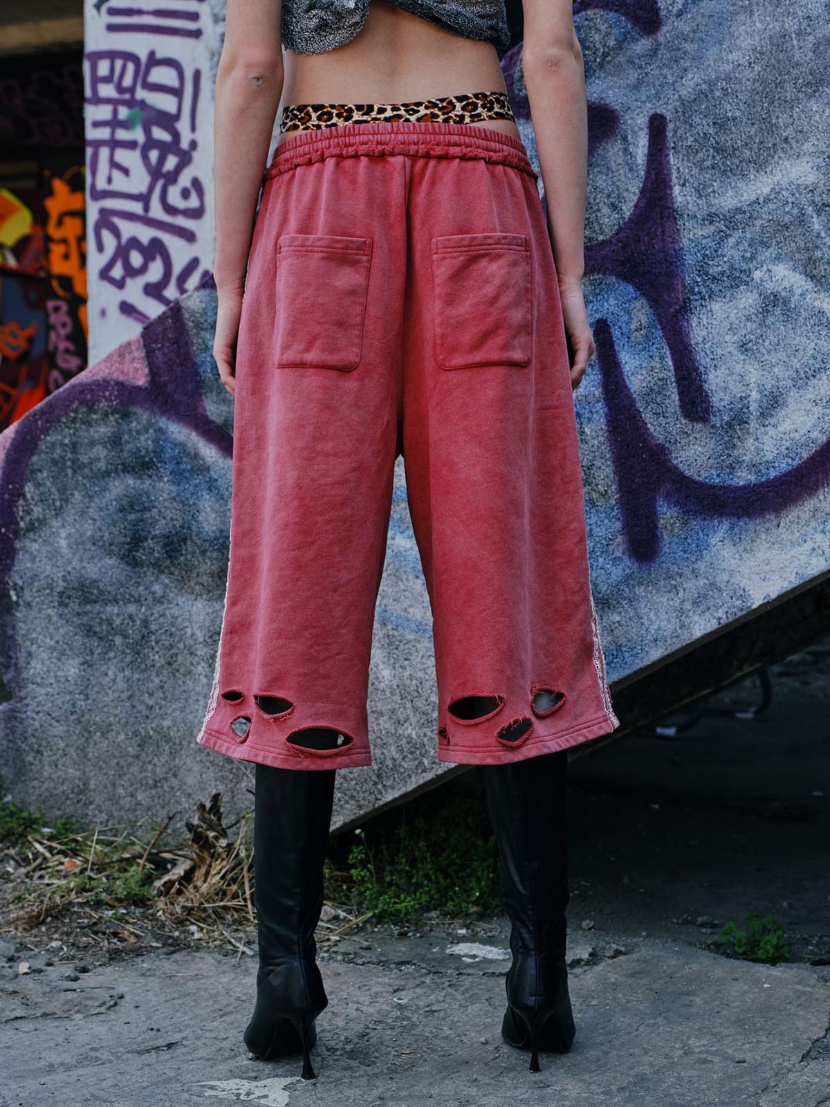 Distressed Ripped Red Culotte Jorts