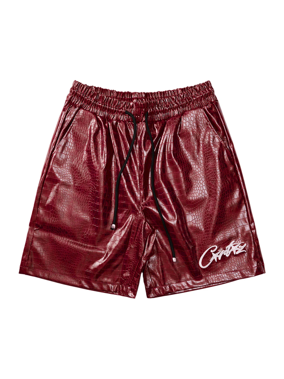 Letter Embroidered Leather Shorts