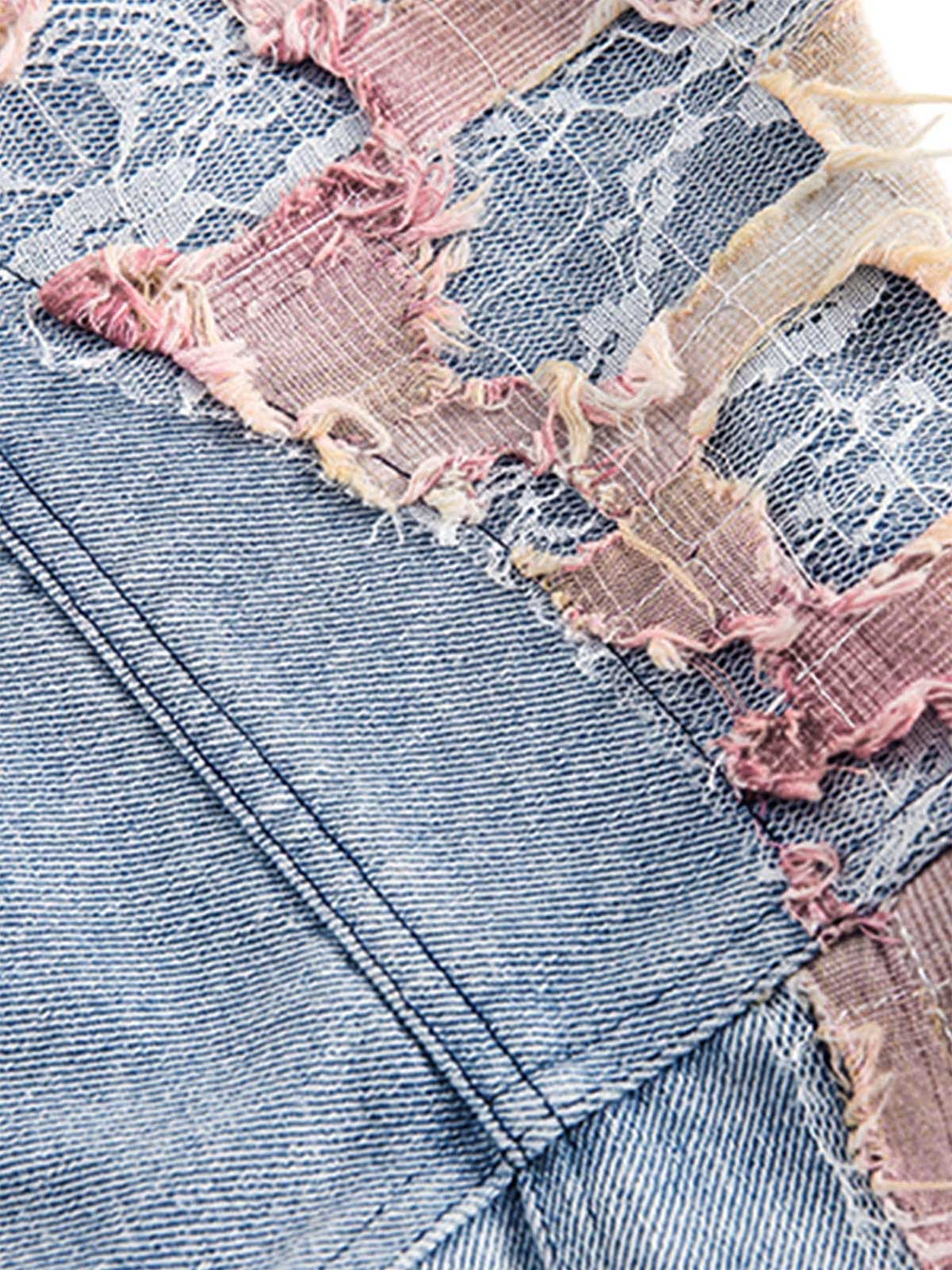 Thesupermade American Street Style Lace Patchwork Denim Jacket