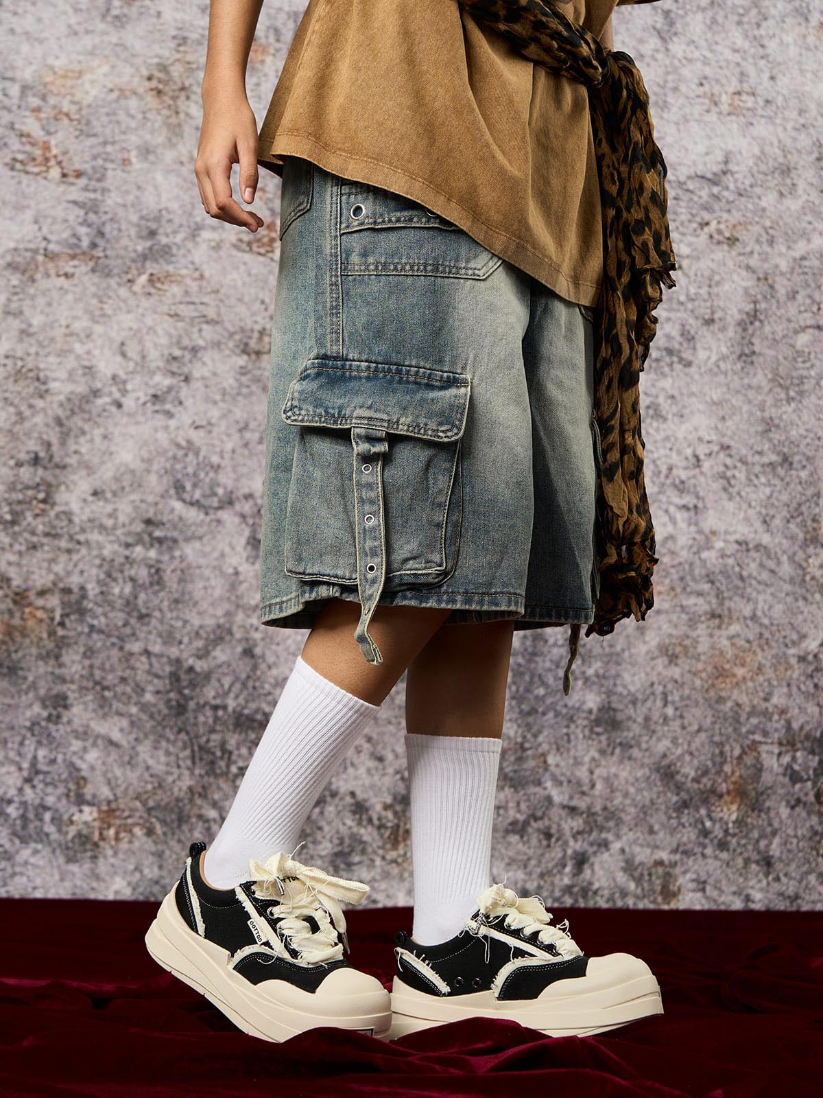 High-Waisted Multi-Pocket Denim Cargo Shorts