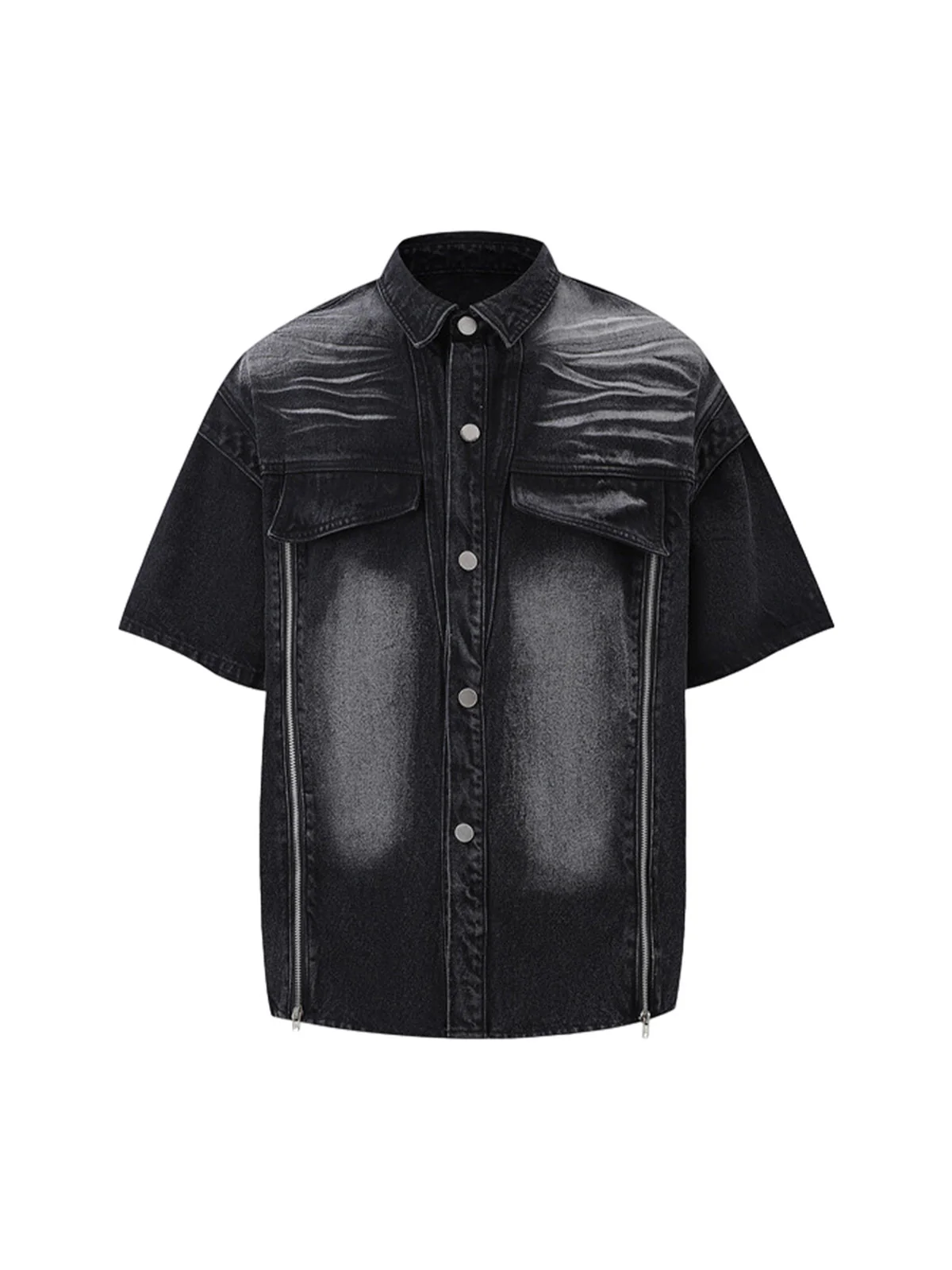 Distressed Washed Workwear Denim Shirt And Jorts Set