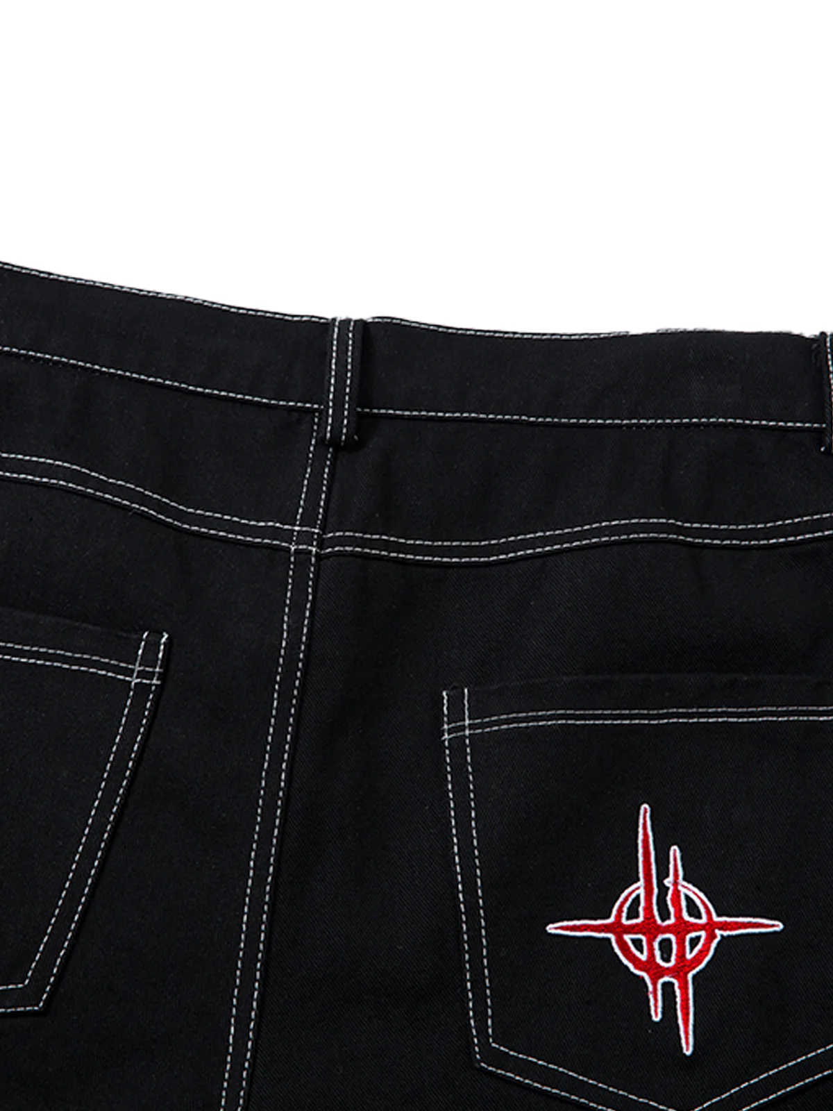 Contrast Flame Embroidered Baggy Jeans - 2364