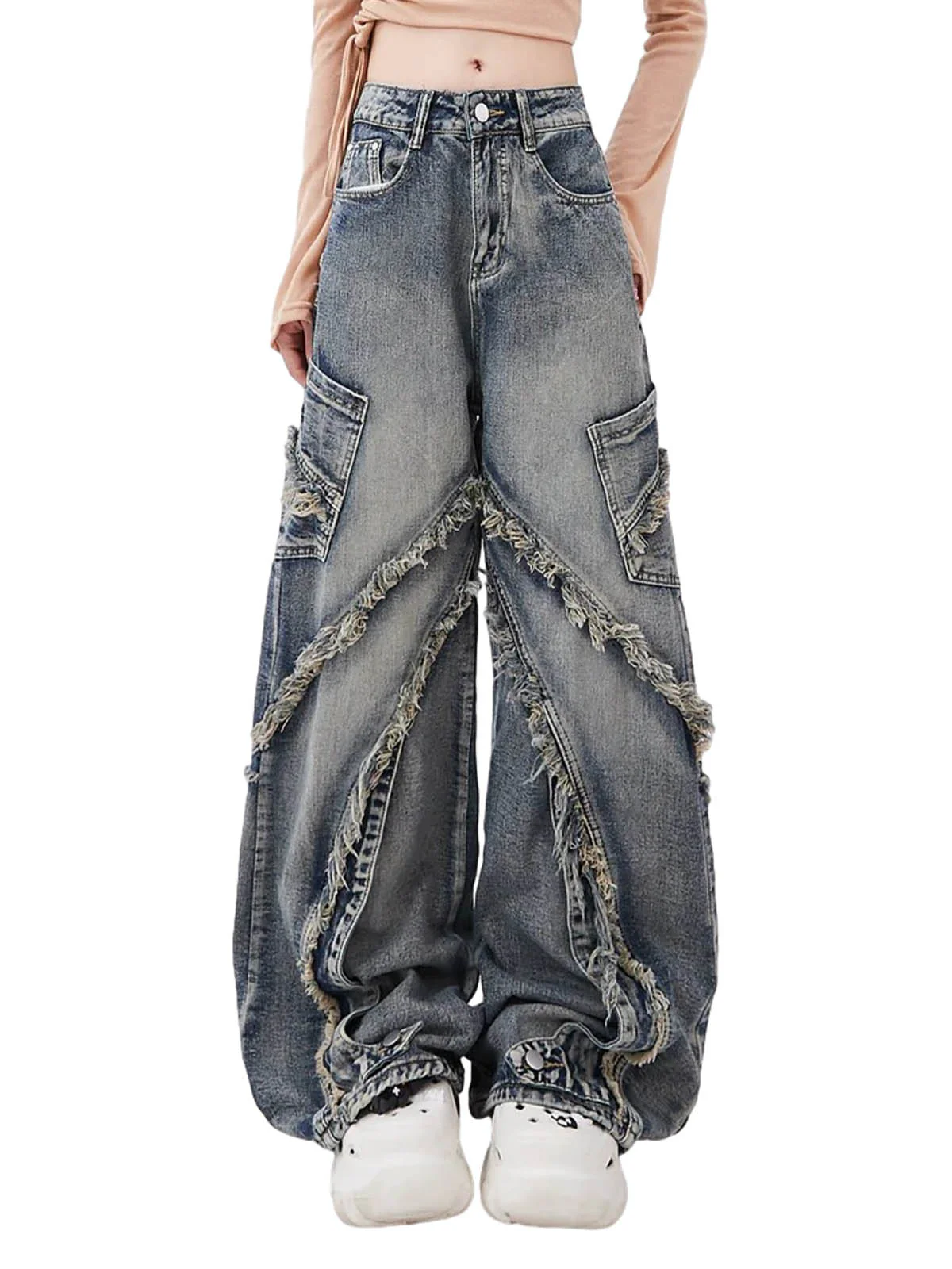 Thesupermade Washed Side Pocket Raw Edge Baggy Jeans - 2303