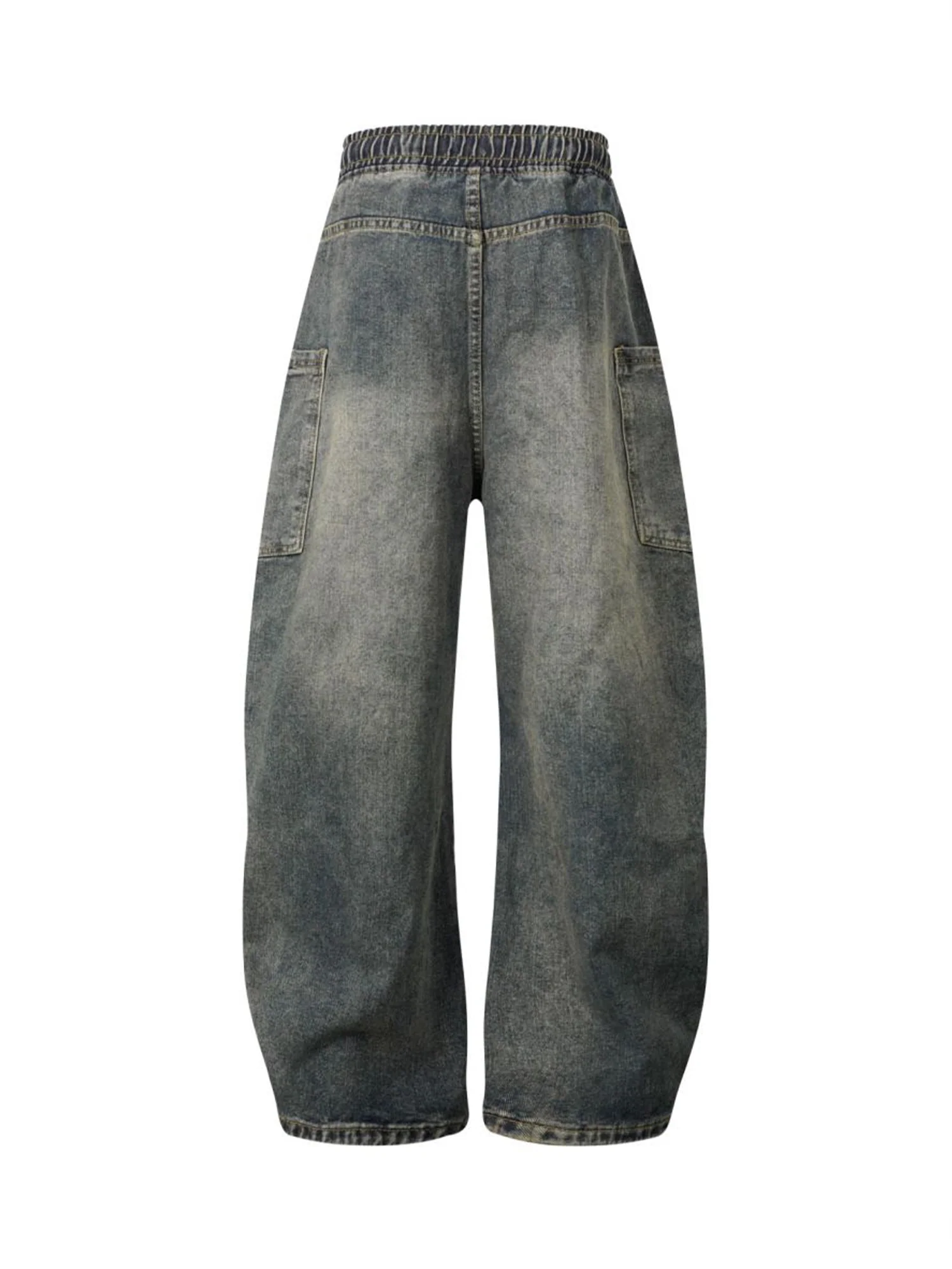Washed Distressed Split Drawstring Barrel Jeans