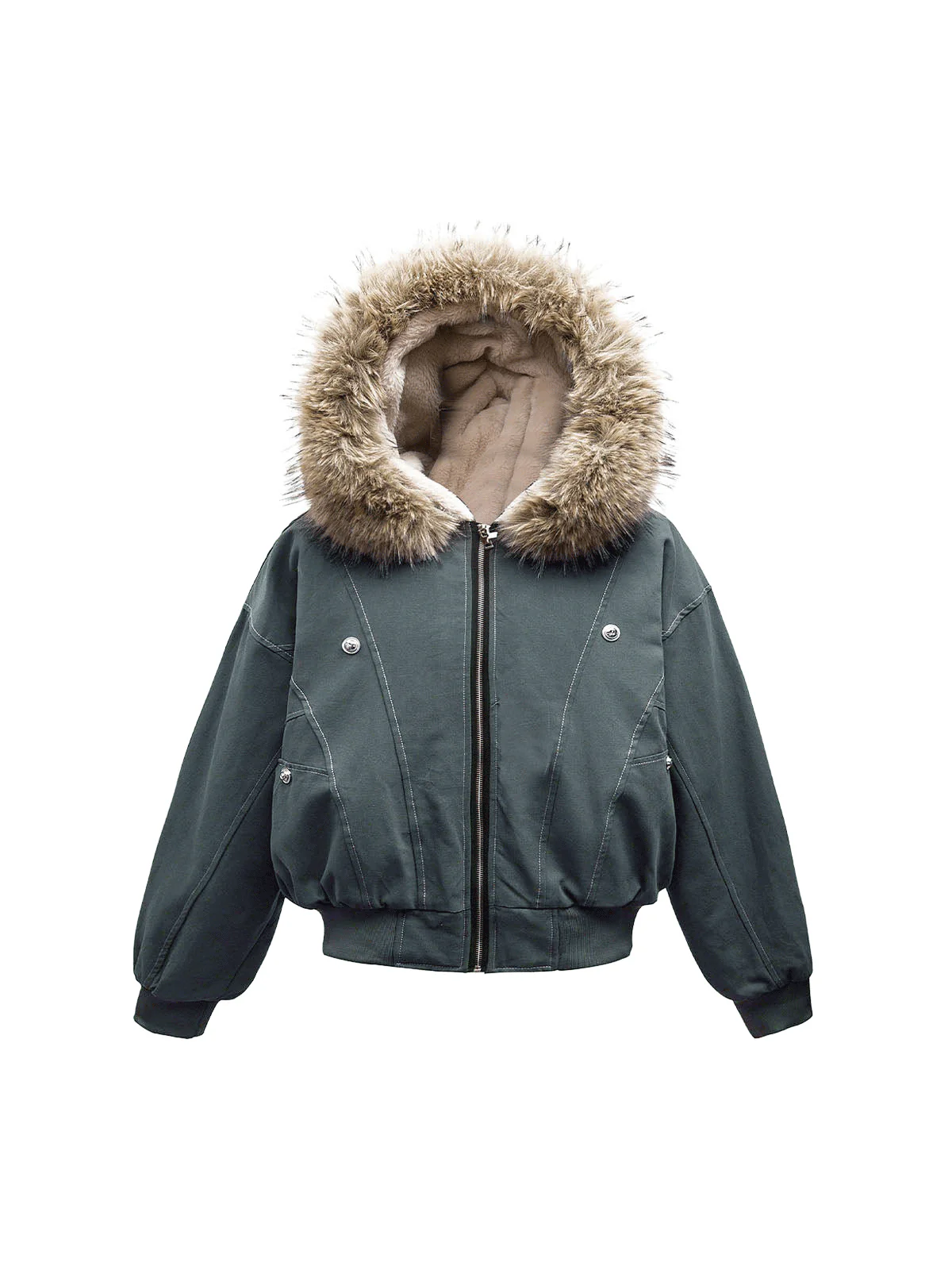 Fur Lined Zip Up Hooded Bomber Jacket