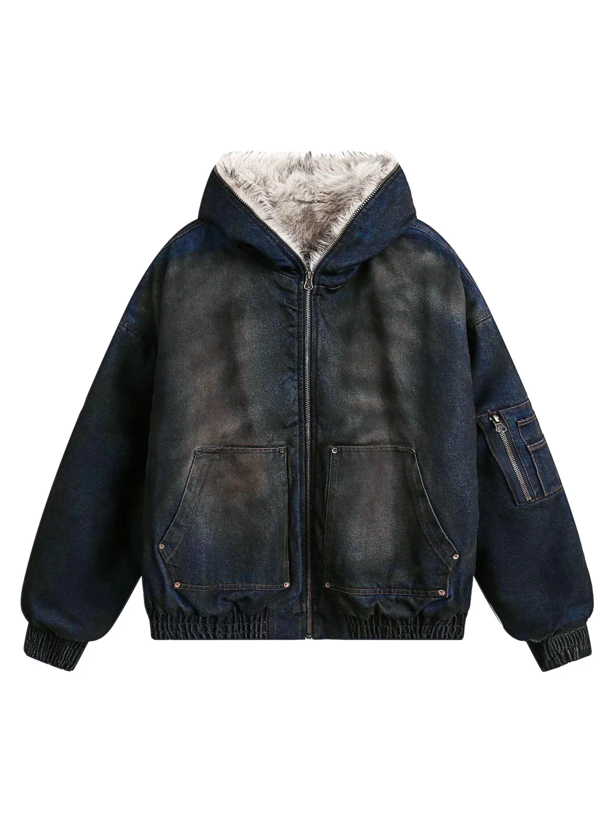 Thesupermade Washed Denim Fur Hooded Jacket - 2265