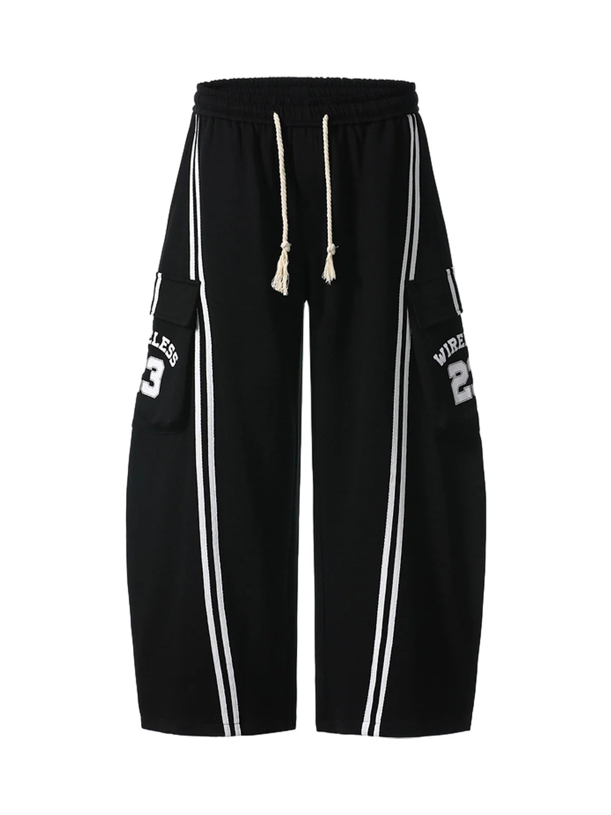 Web Stitching Letter Print Drawstring Barrel Pants