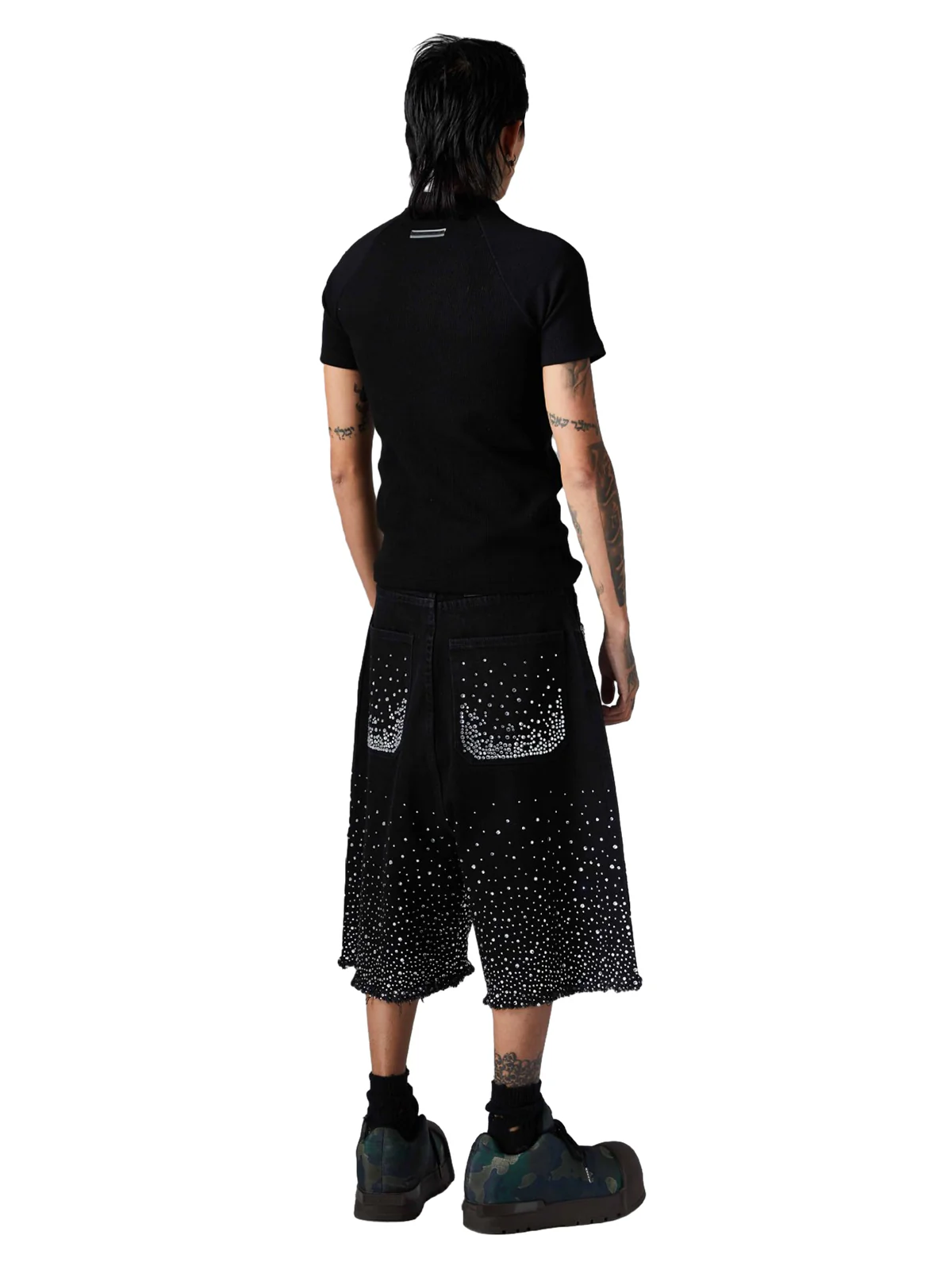 Retro Washed Rhinestone Raw Edge Denim Shorts